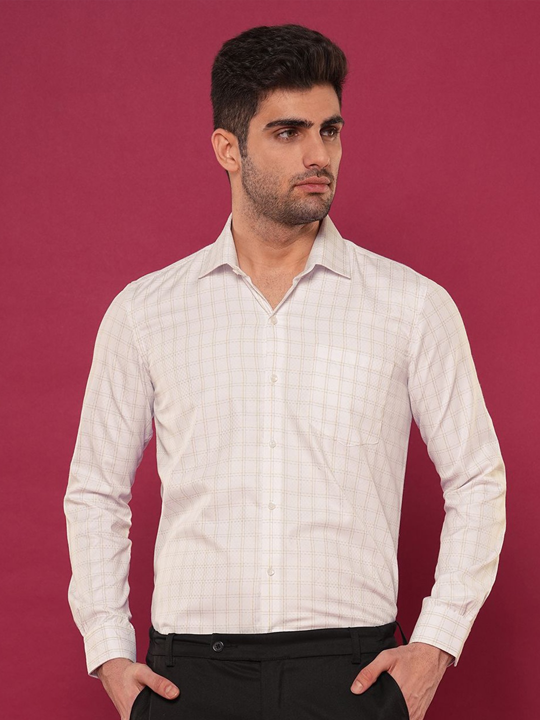 

John Philips Men Slim Fit Grid Tattersall Checks Opaque Checked Casual Shirt, Gold