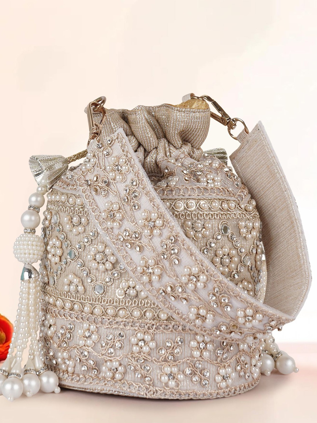 

PLANX Embroidered Embellished Potli Clutch, Cream