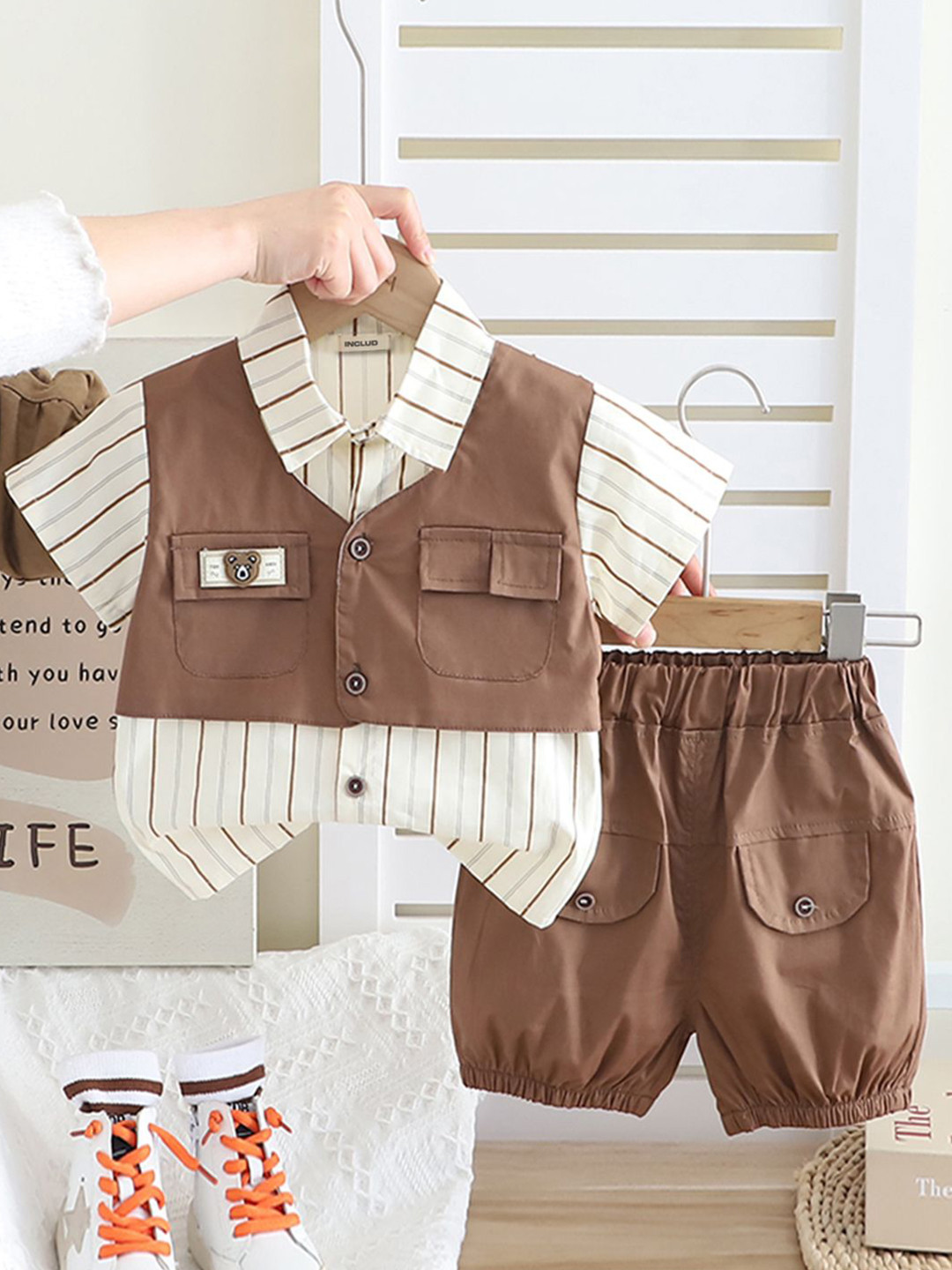 

INCLUD Boys Striped Pocket Flap Shirt With Shorts, Brown