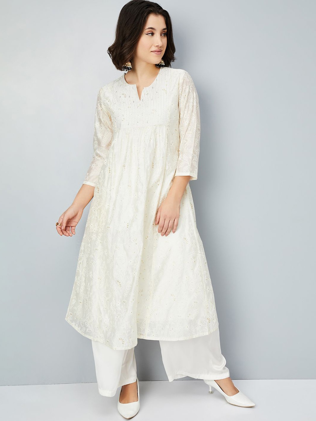 

max Floral Embroidered Pleated Thread Work Notch Neck Pure Cotton Anarkali Kurta, Off white