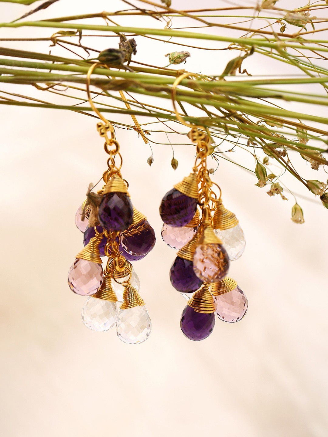 

Exotic India 18k Gold-Plated Amethyst and Crystal Briolette Bunch Dangler Drop Earrings