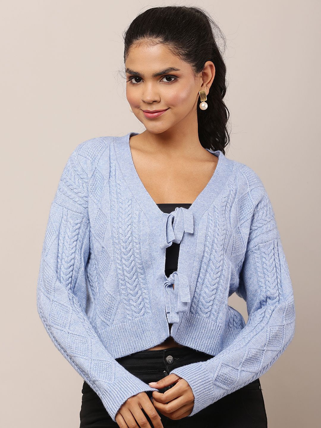 

NoBarr Women Self Design Cable Knit Cardigan Sweater, Blue