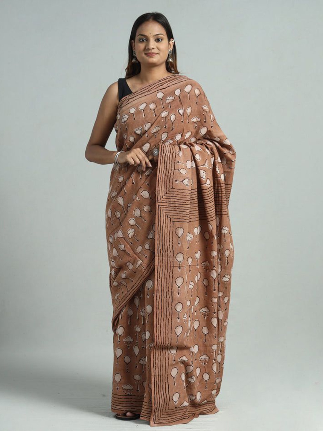 

iTokri Pure Cotton Block Print Saree, Brown