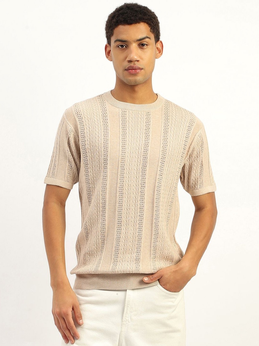 

United Colors of Benetton Men Striped Pure Cotton Raw Edge T-shirt, Beige