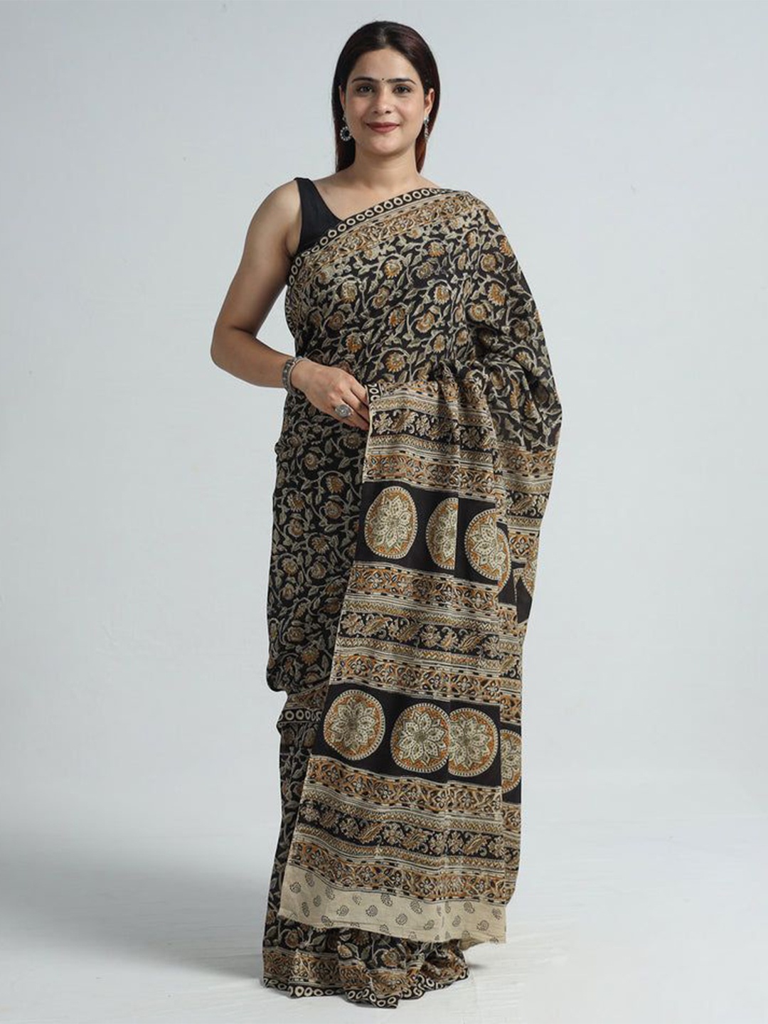 

iTokri Kalamkari Pure Cotton Block Print Saree, Black
