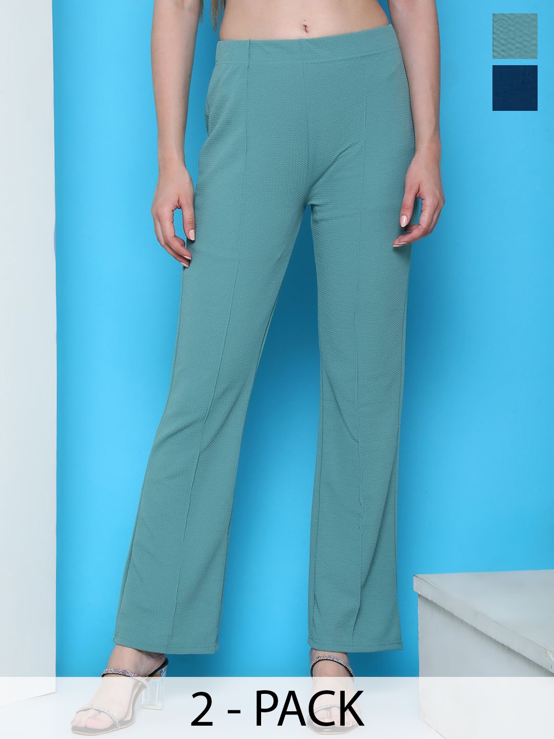 

Tromko Pack Of 2 Women Relaxed Mid-Rise Flared Bootcut Trousers, Blue