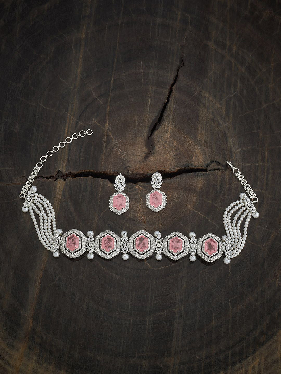 

Kushal's Fashion Jewellery Rhodium-Plated Cubic Zirconia-Studded Jewellery Set, Silver