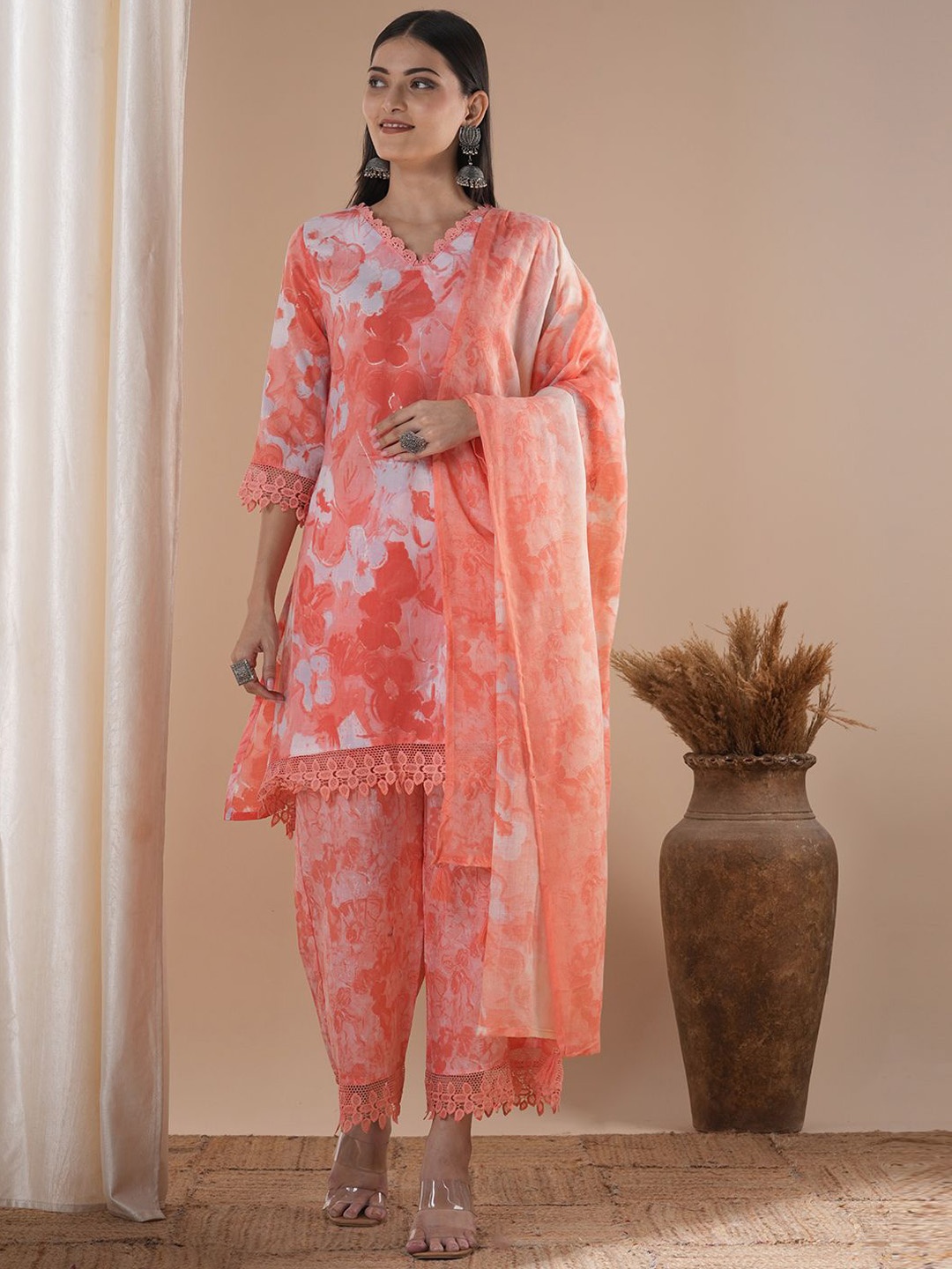 

FASHOR Women Printed Regular Thread Work Pure Cotton Kurta with Palazzos & With Dupatta, Orange