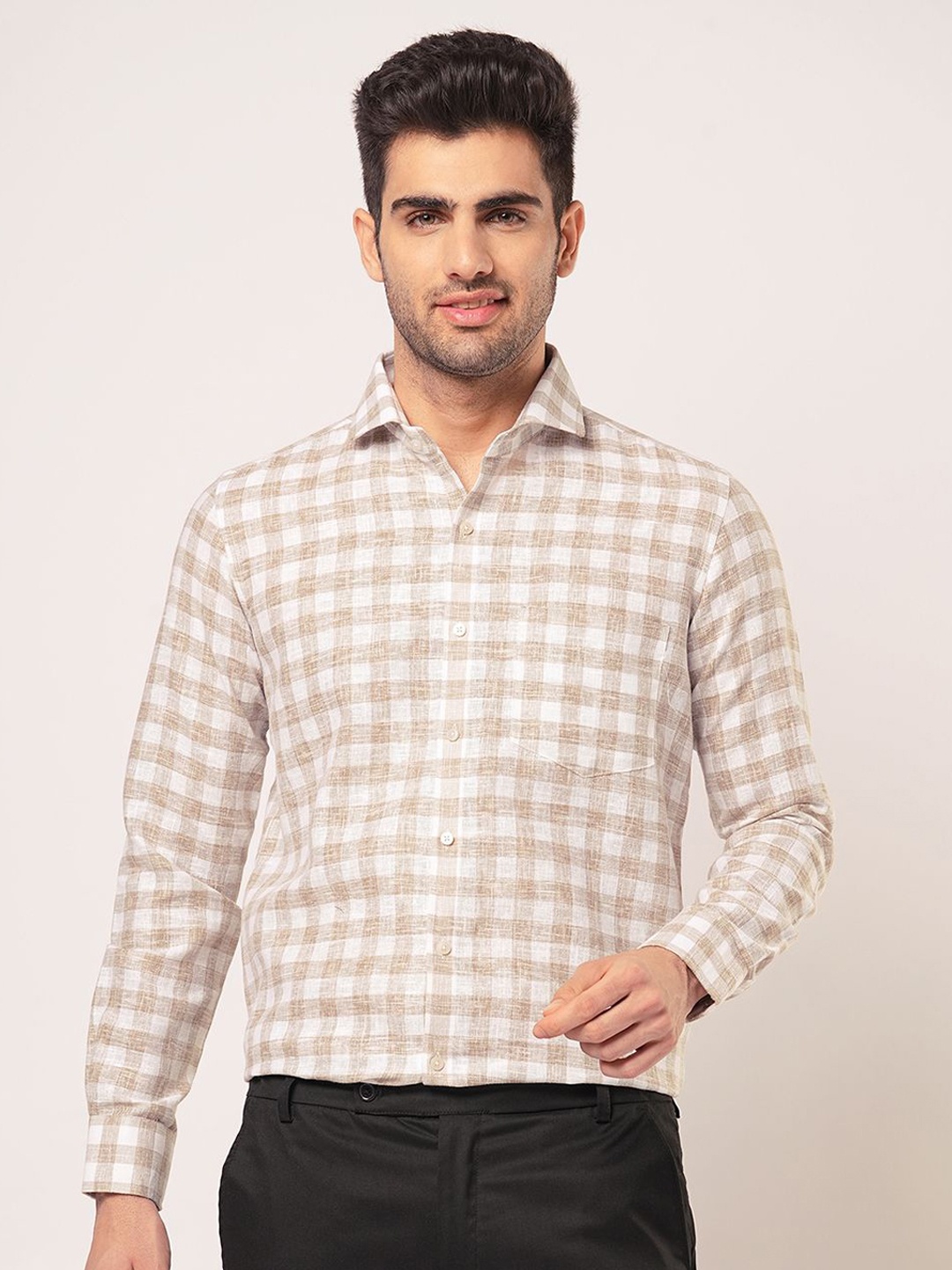 

John Philips Men Slim Fit Opaque Checked Casual Shirt, Brown