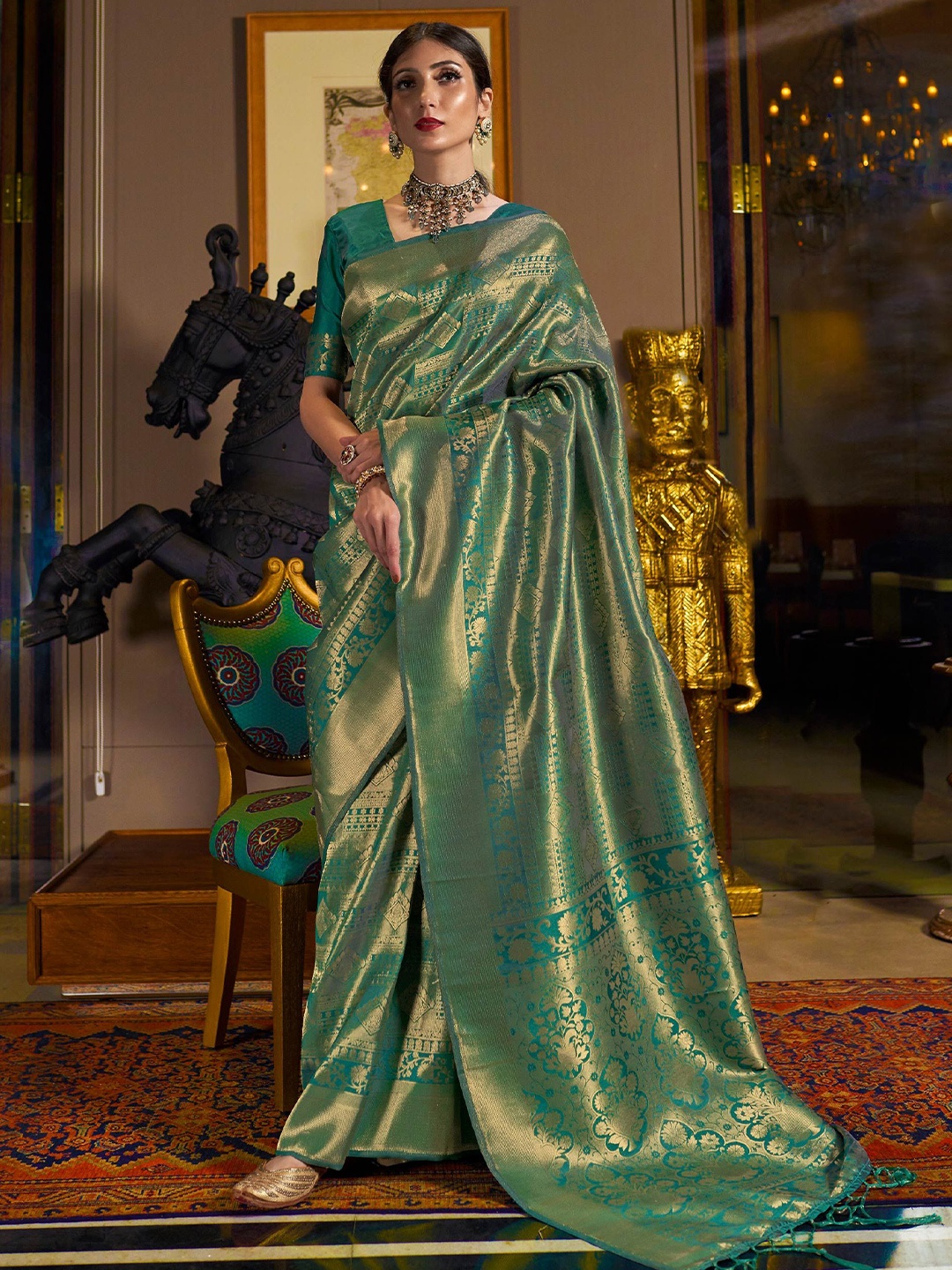 

Vardha Ethnic Motifs Zari Kanjeevaram Saree, Green