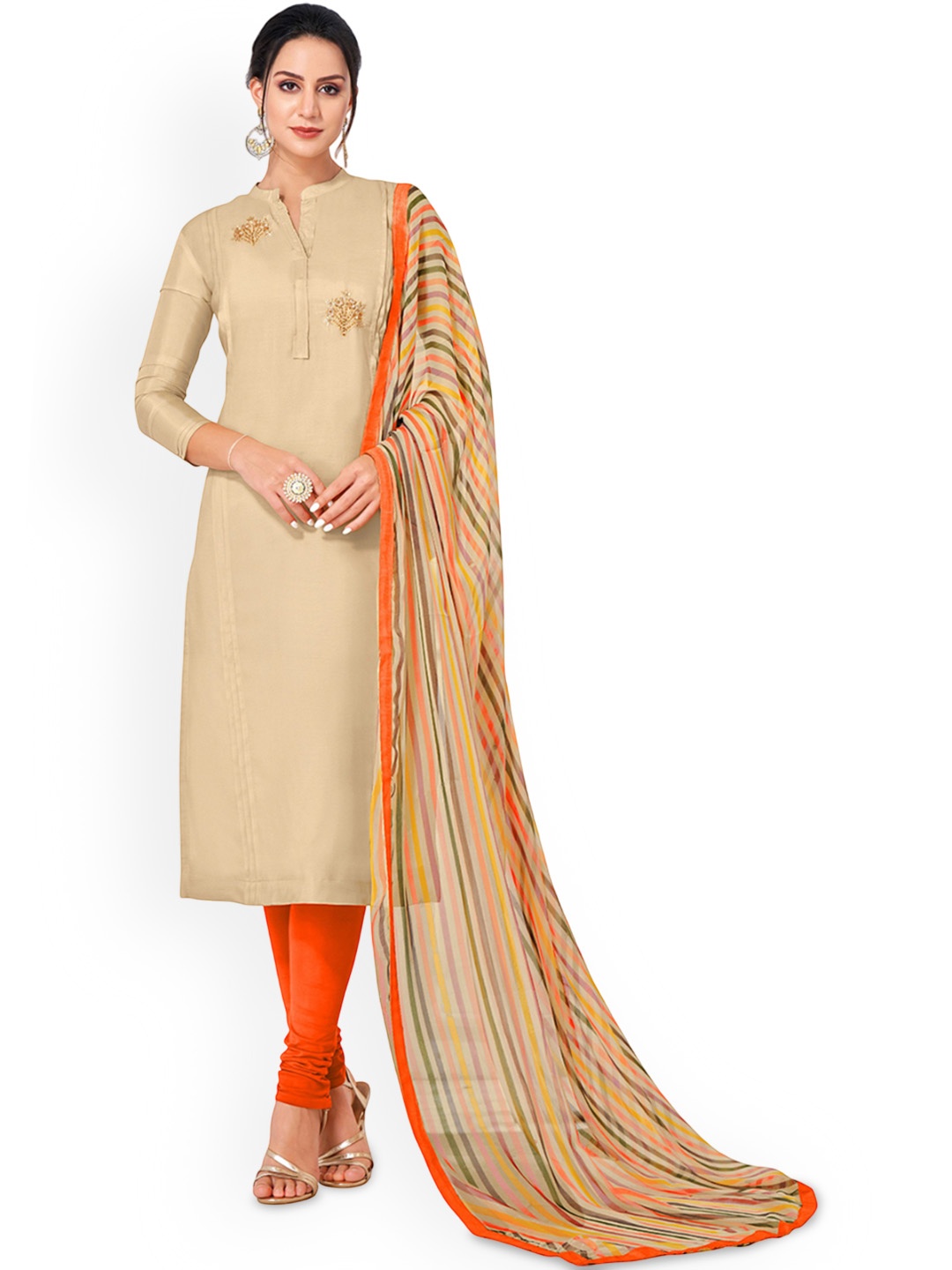 

HERE&NOW Embroidered Chanderi Cotton Unstitched Dress Material, Beige