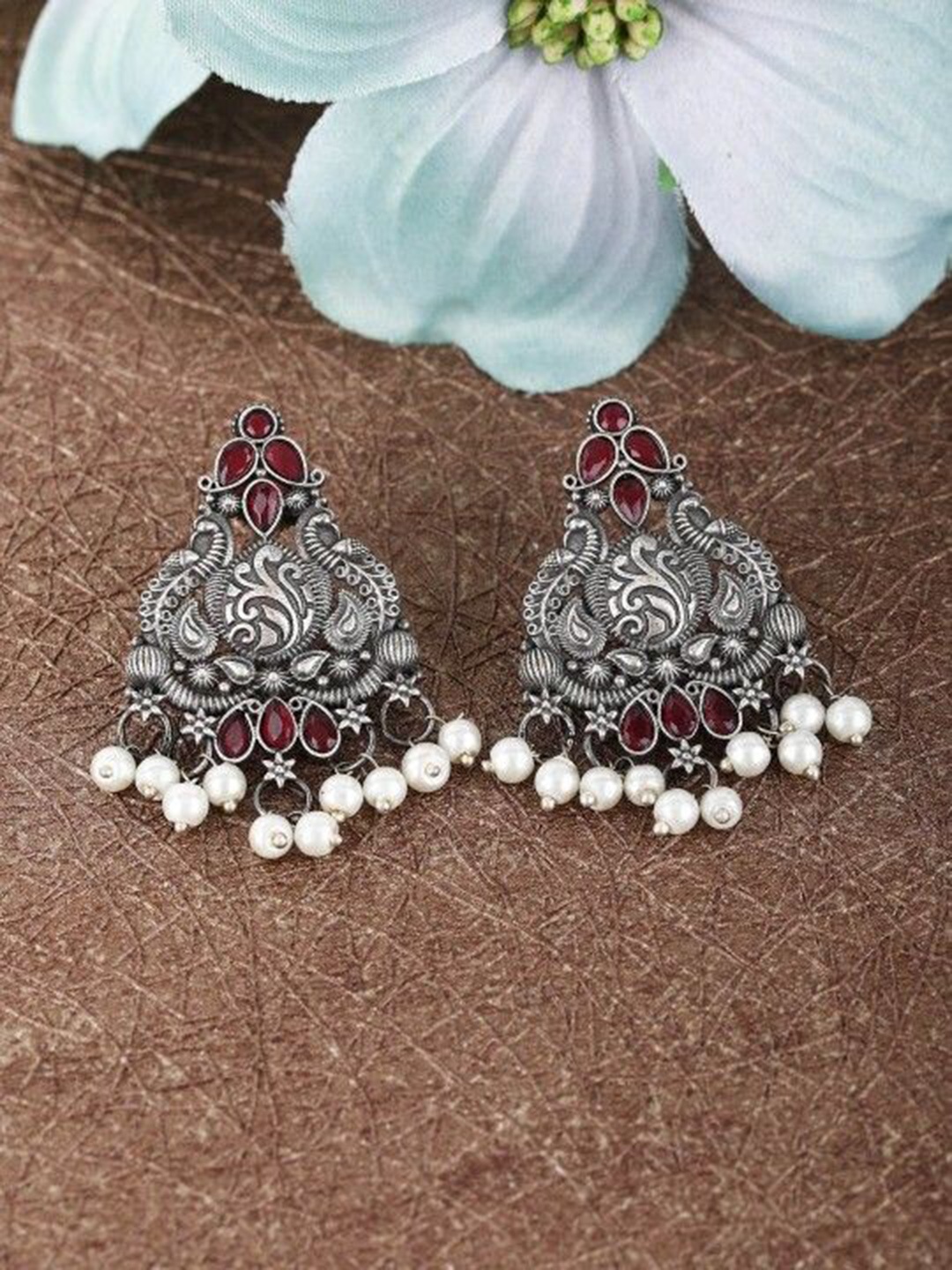 

Sangria Silver-Plated Stone Studded & Pearls Beaded Contemporary Oxidized Drop Earrings