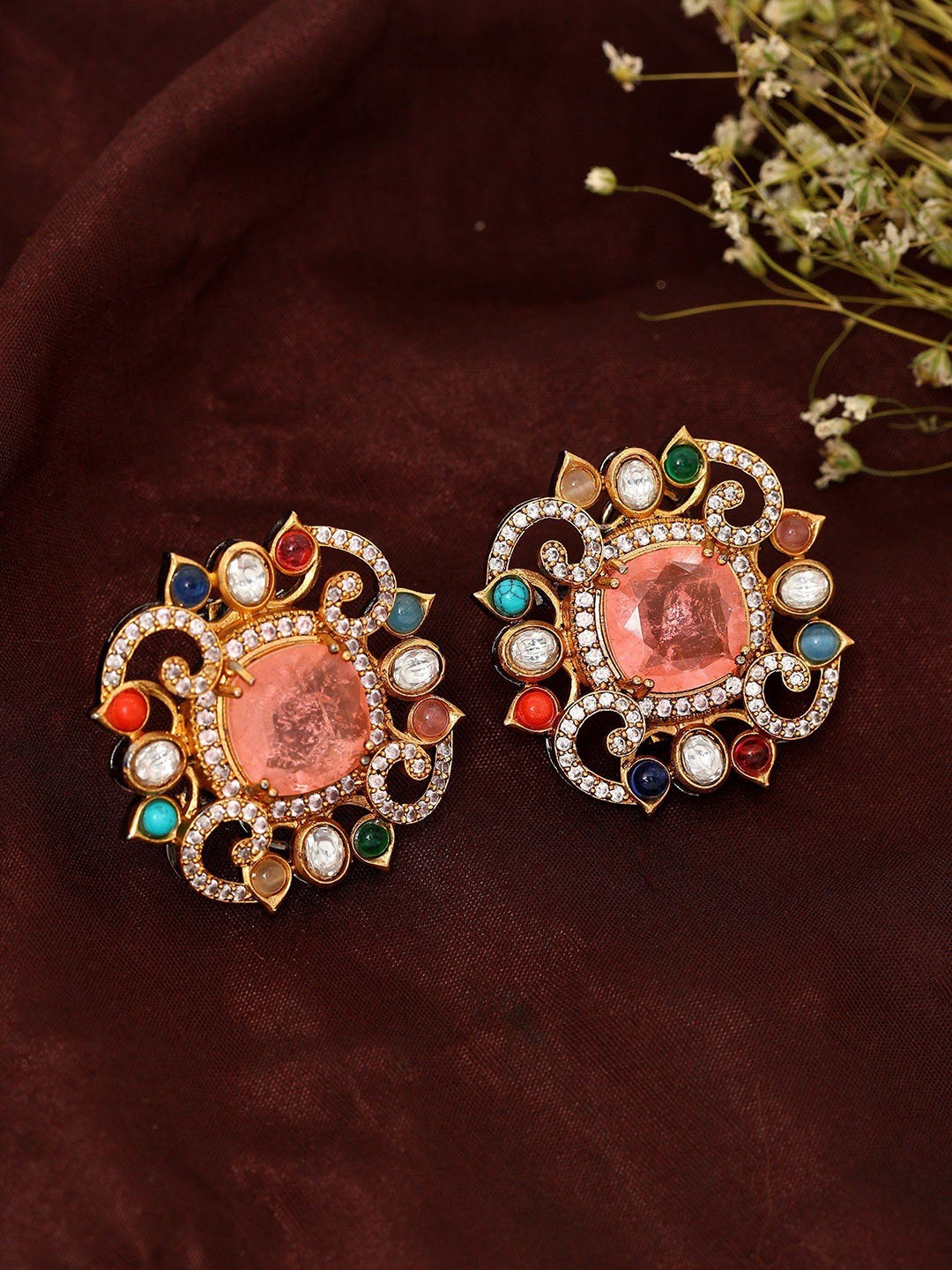 

Exotic India Gold-Plated Square Shape Artificial Stone Studded Studs