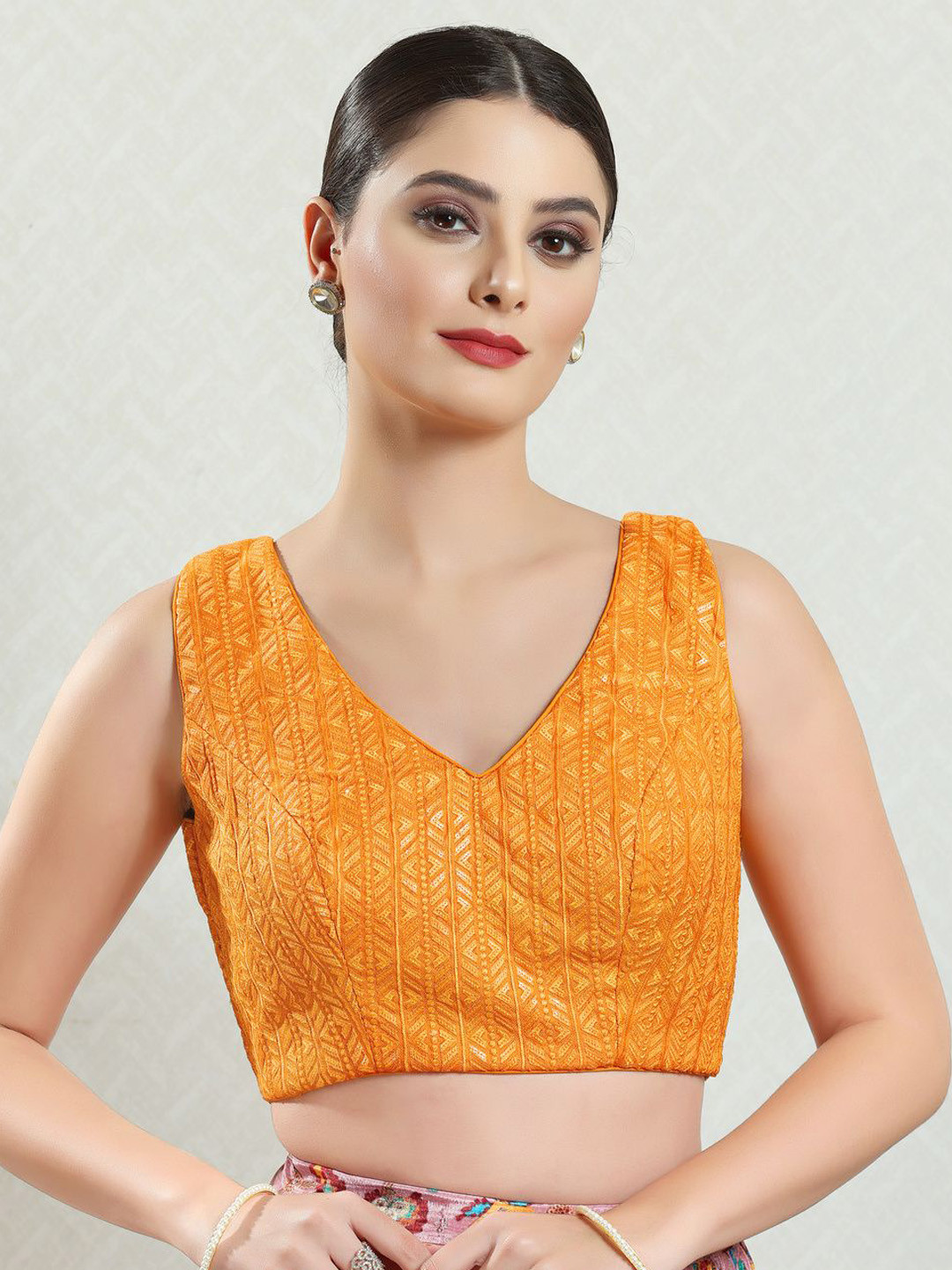 

VAMAS - THE DESIGNER BLOUSES Embroidered Silk V- Neck Padded Saree Blouse, Mustard