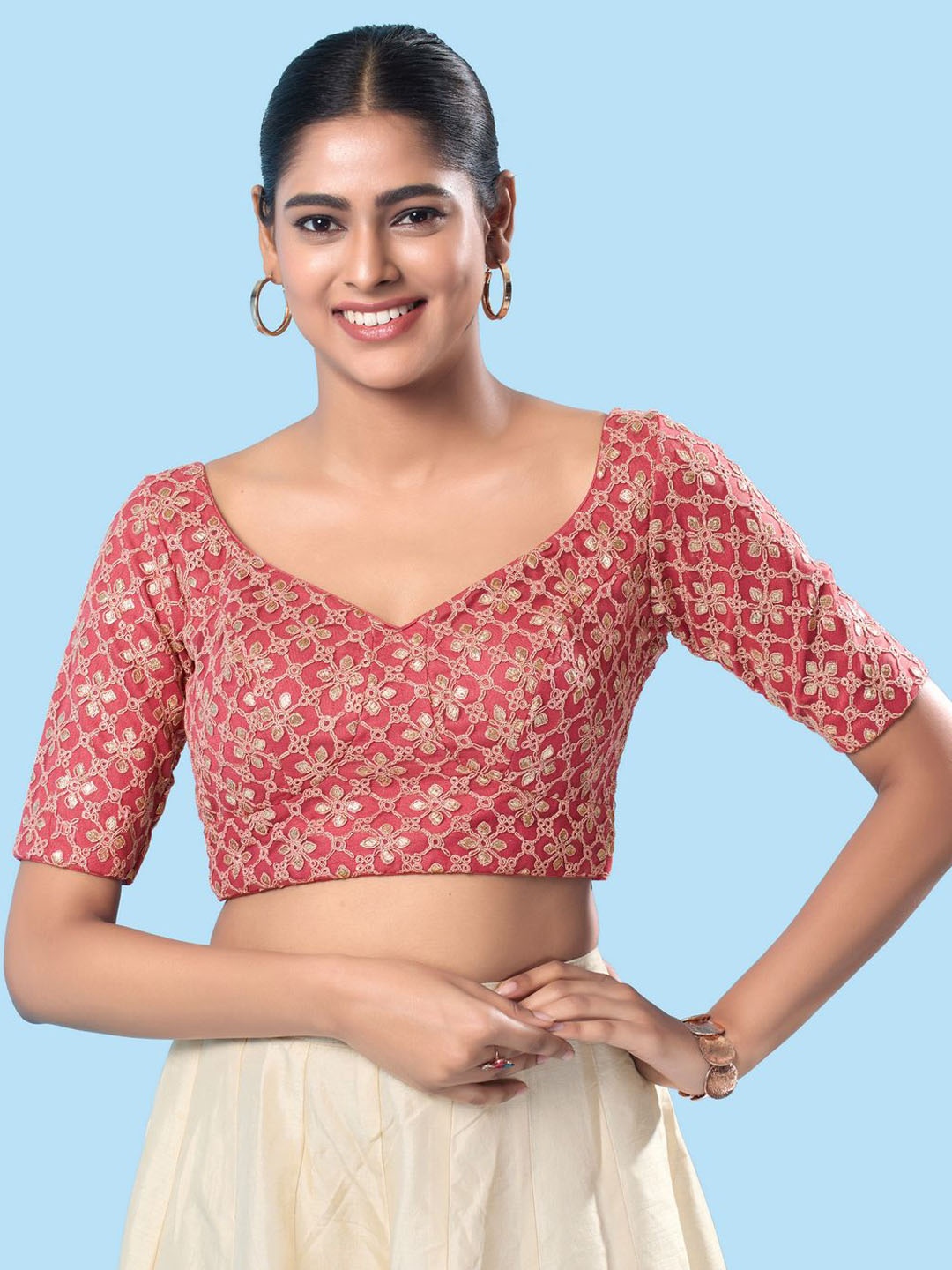 

VAMAS - THE DESIGNER BLOUSES Embroidered Sweetheart Neck Padded Saree Blouse, Pink