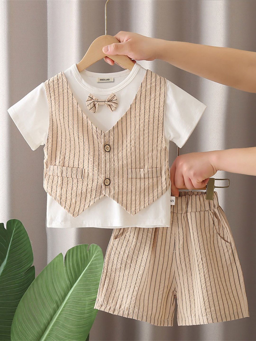 

INCLUD Boys Striped Round Neck T-shirt With Waistcoat & Shorts, Beige