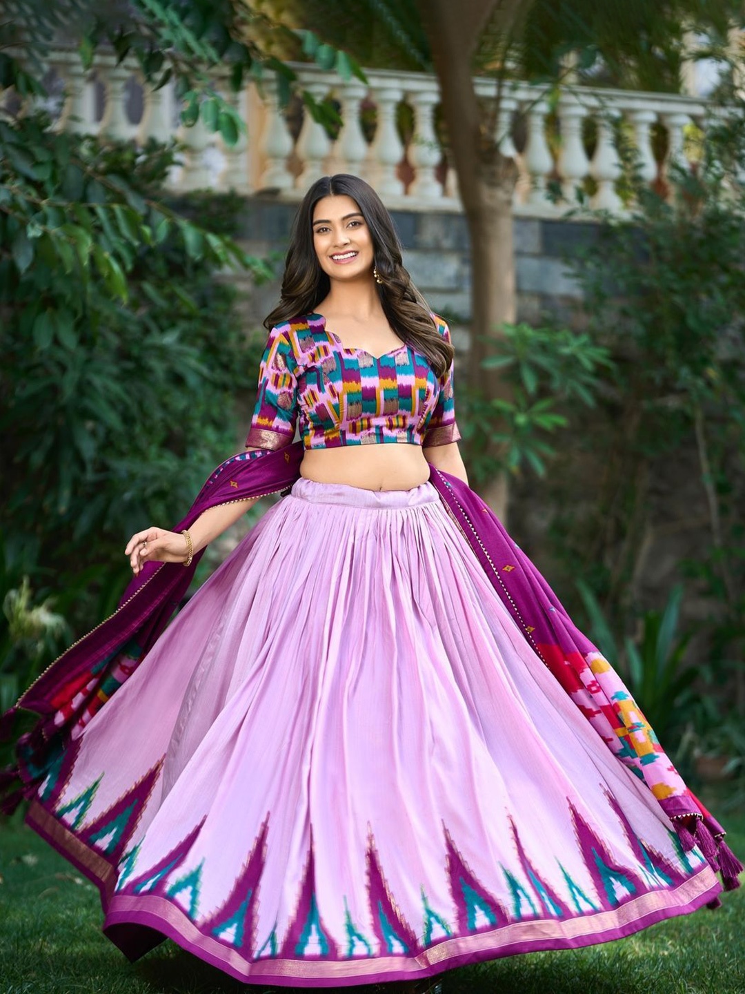 

RADHVI BIZ Printed Silk Ready to Wear Lehenga & Semi-Stitched Blouse With Dupatta, Purple