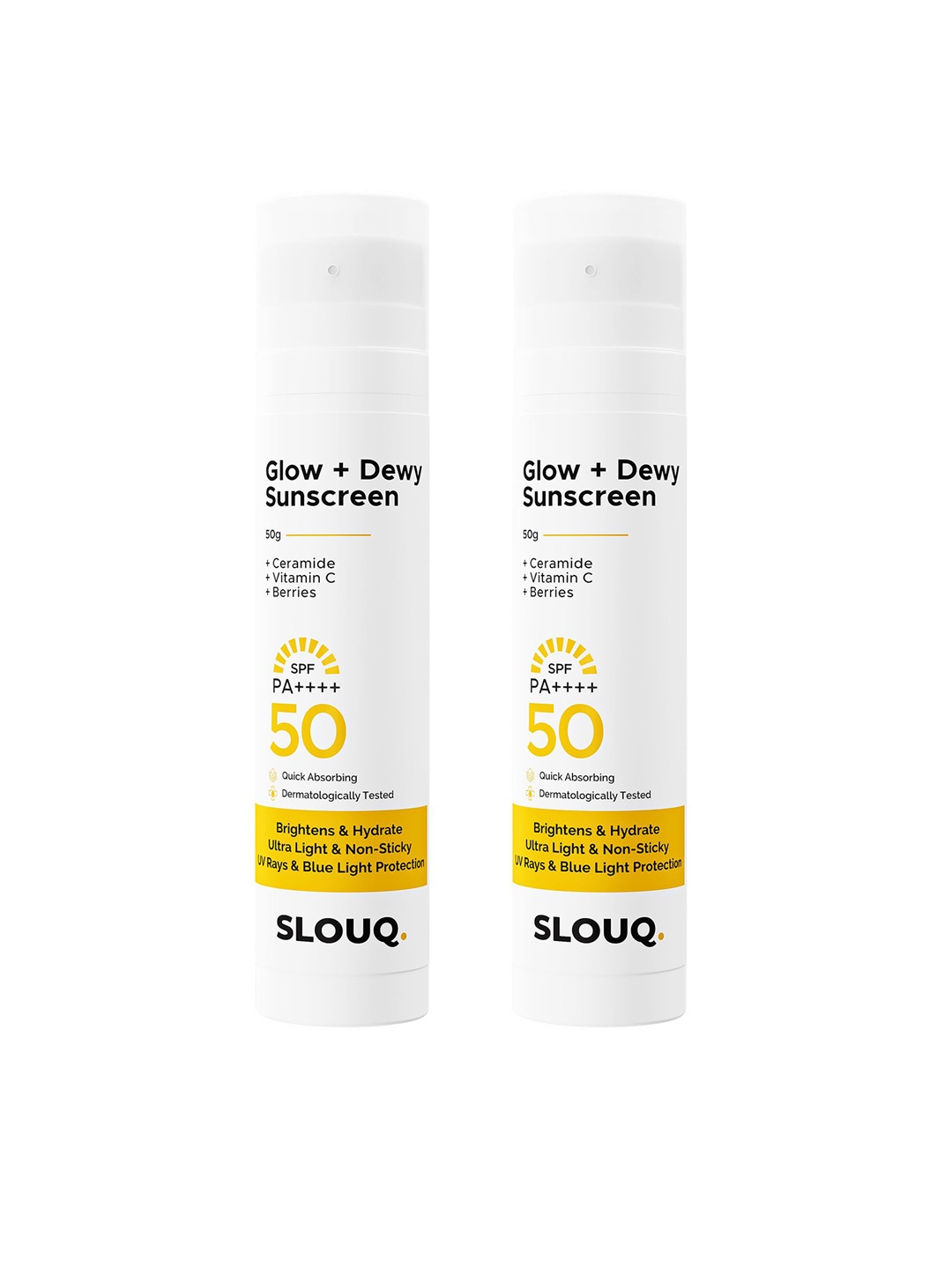 

Slouq Set Of 2 Glow + Dewy Sunscreen With Ceramide, Vitamin C & SPF 50 PA++++- 50 g Each, White