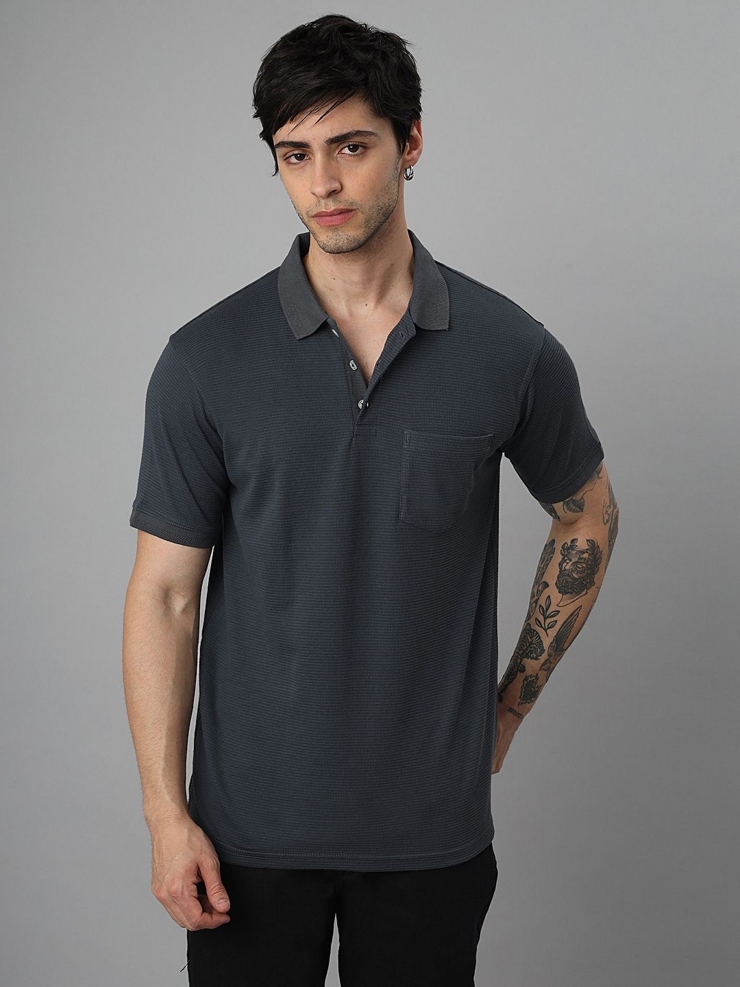 

BLUWEEA Men Polo Collar Pockets T-shirt, Grey