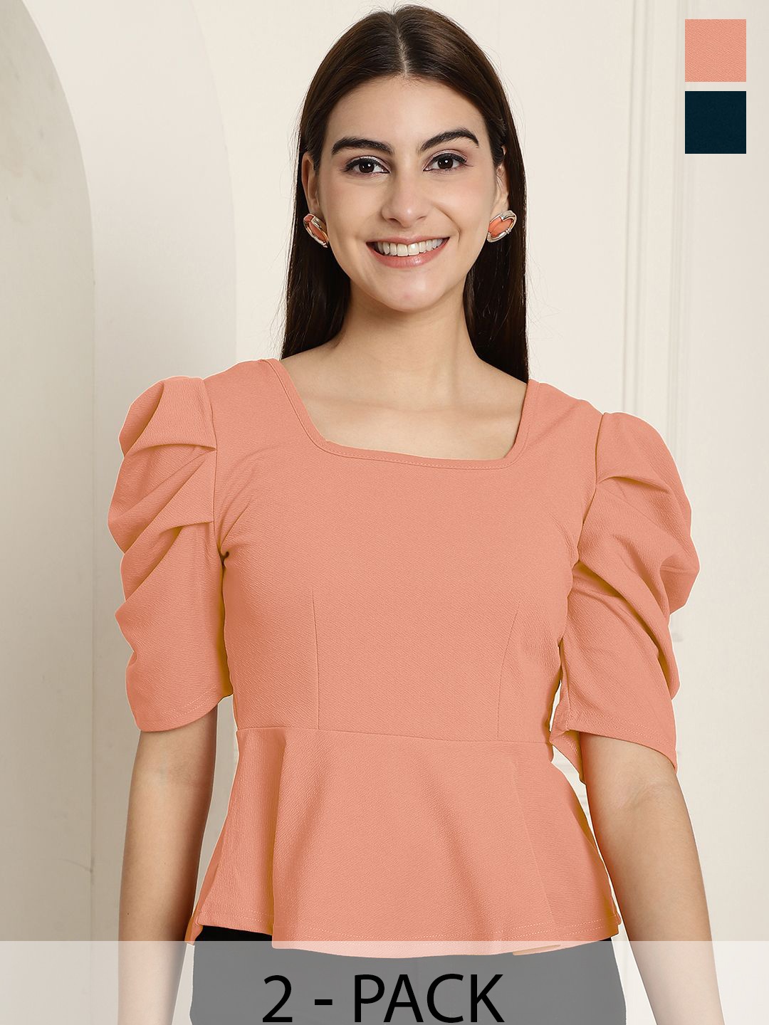 

Tromko Women Pack of 2 Puff Sleeve Top, Peach