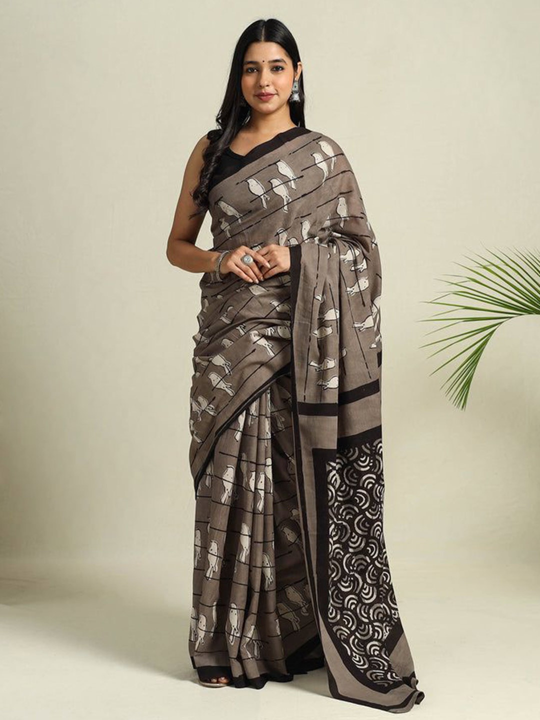 

iTokri Pure Cotton Block Print Saree, Brown