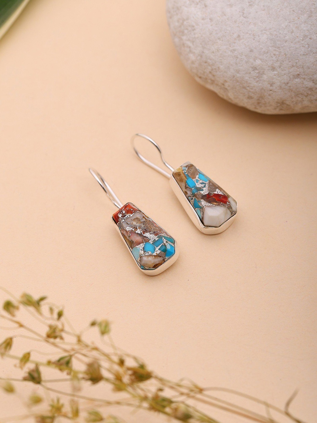 

Exotic India Sterling Silver Contemporary Turquoise Dangle Drop Earrings, Brown