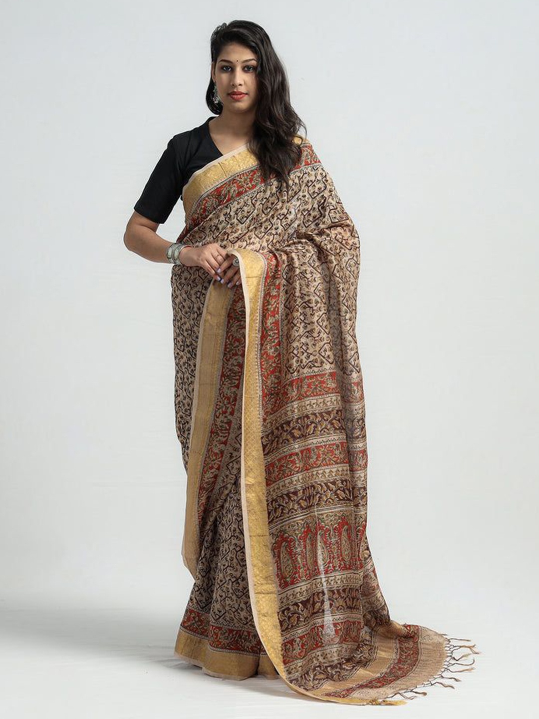 

iTokri Kalamkari Printed Zari Block Print Pure Silk Saree, Brown