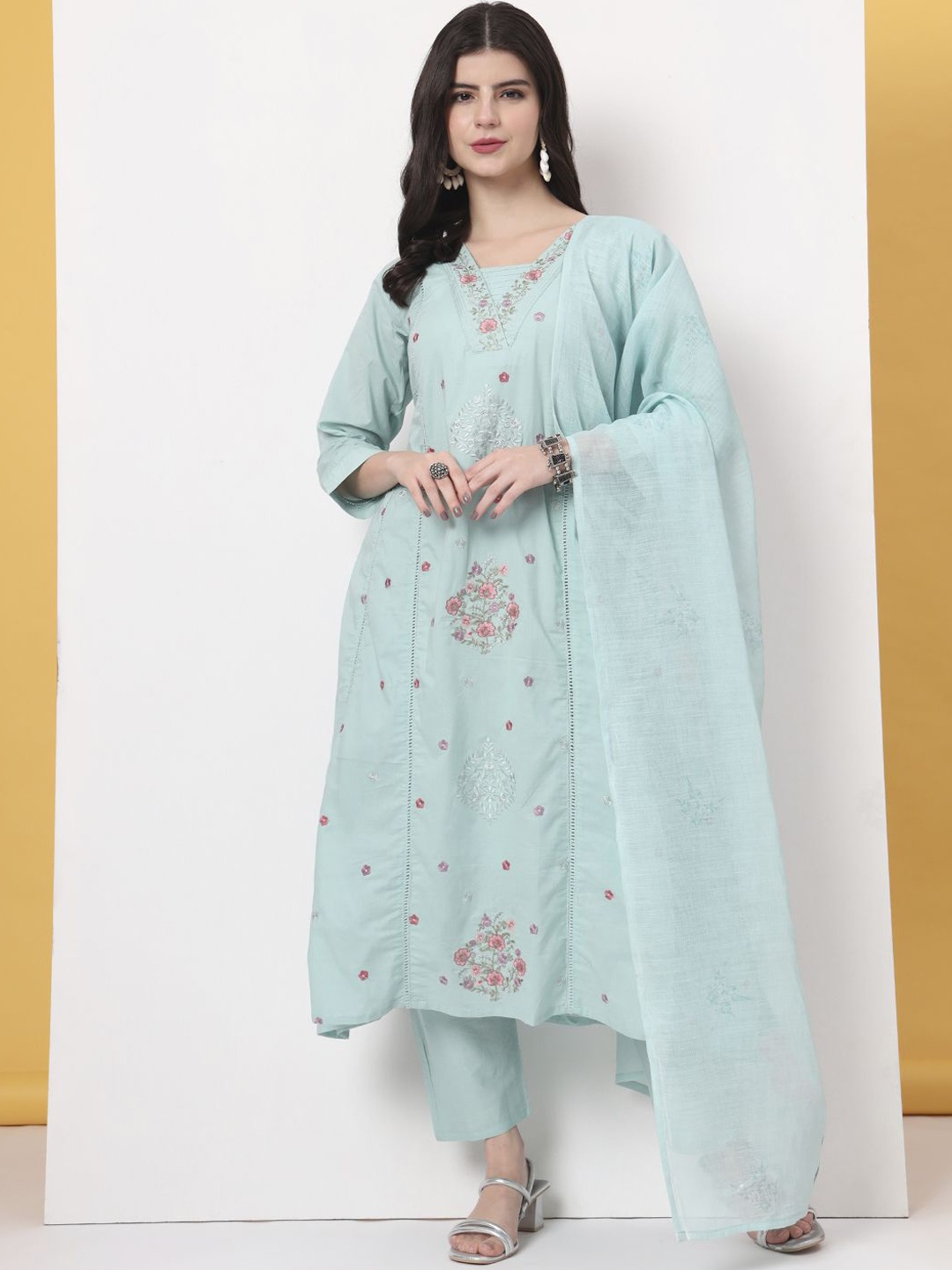 

Yufta Women Embroidered Regular Thread Work Pure Cotton Kurta with Trousers & With Dupatta, Sea green