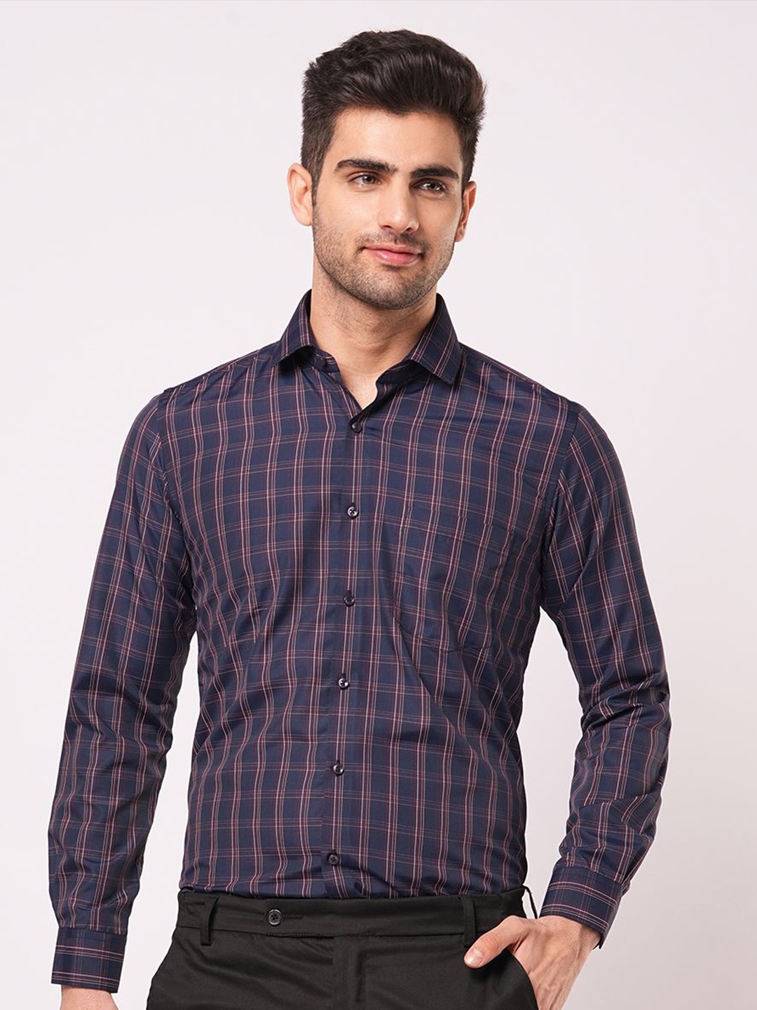 

John Philips Men Slim Fit Opaque Checked Casual Shirt, Blue