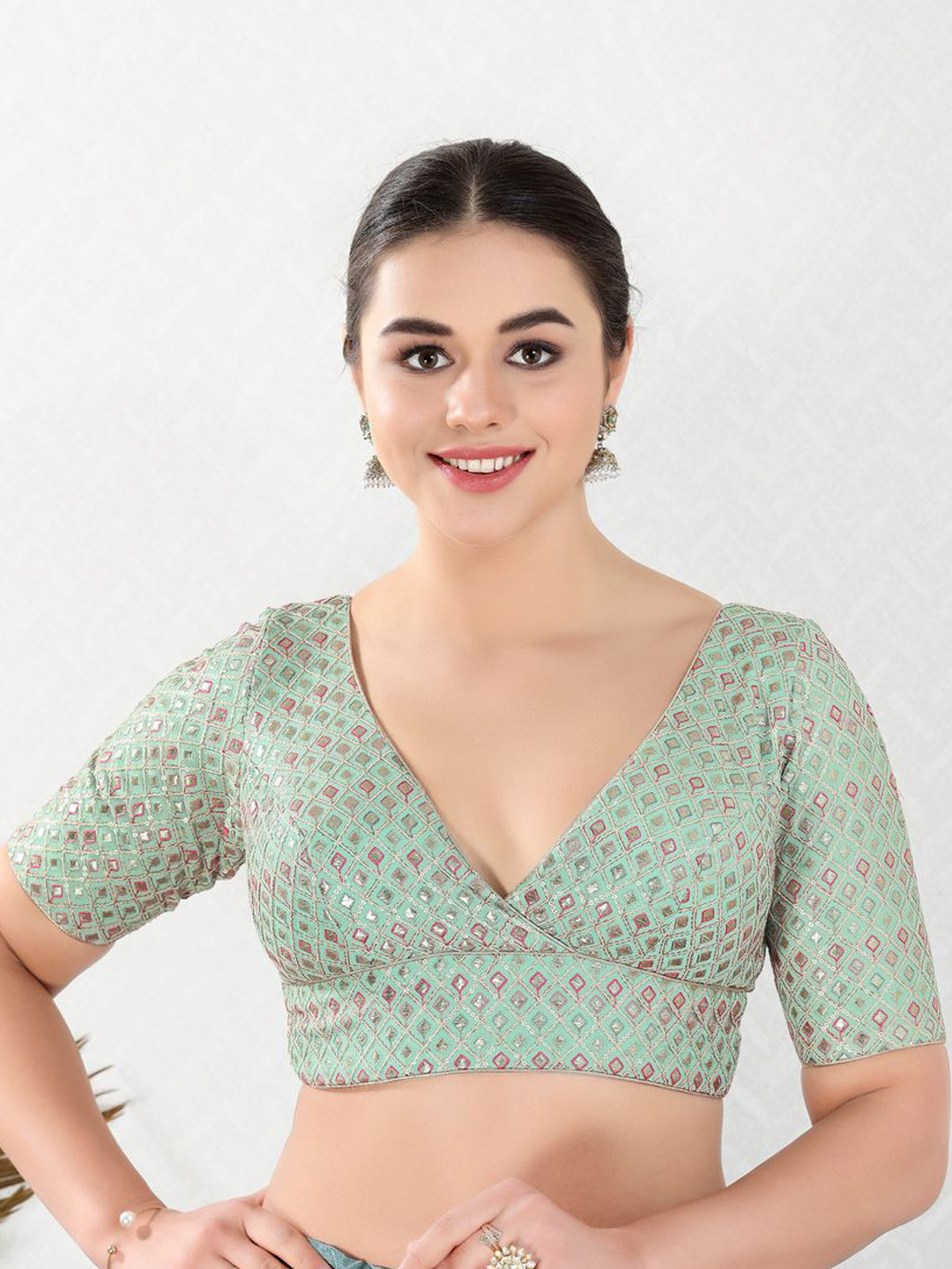 

VAMAS - THE DESIGNER BLOUSES Gotta Patti Embroidered V- Neck Padded Saree Blouse, Sea green