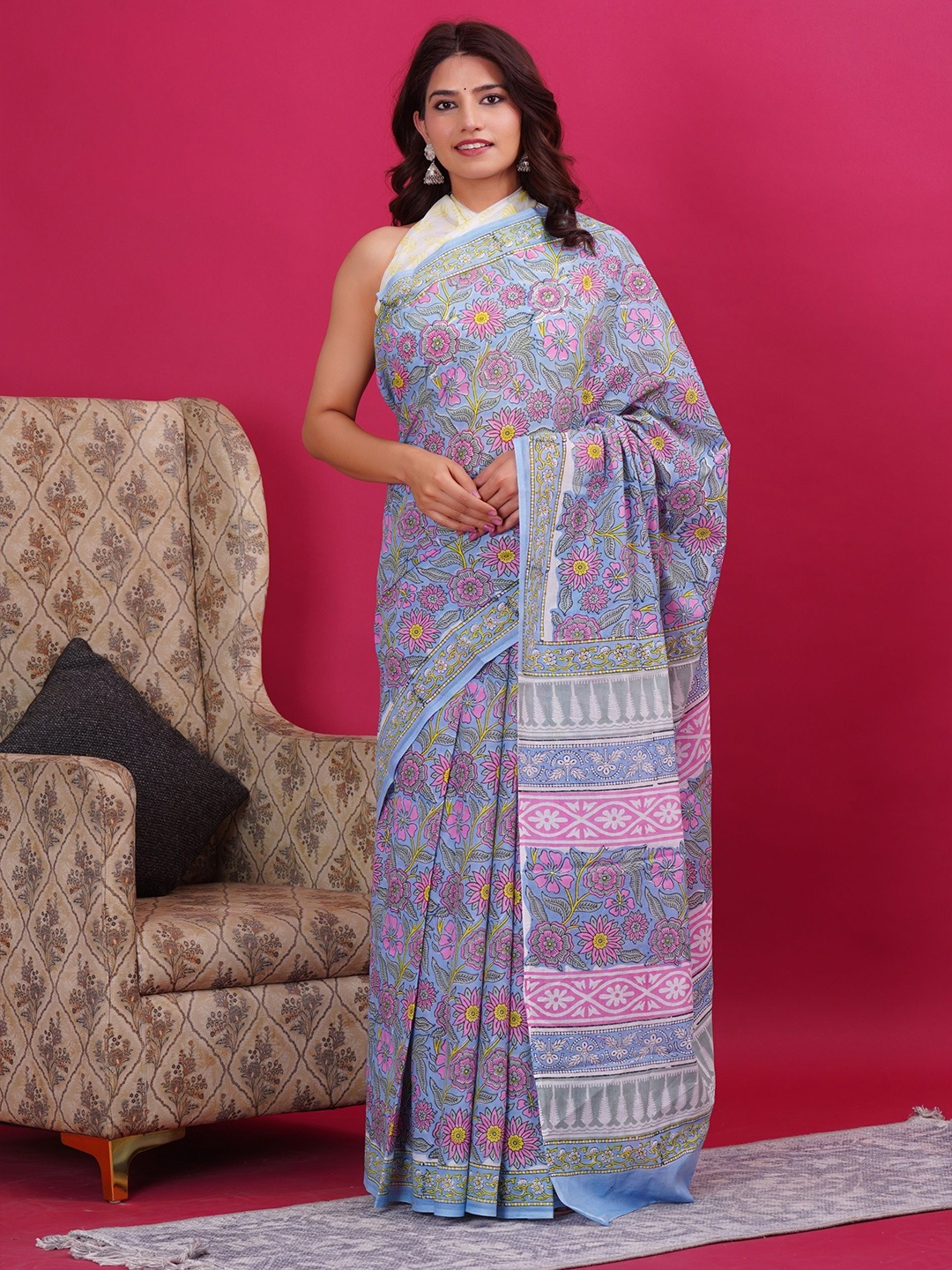 

Shivanya Handicrafts Floral printed Pure Cotton Block Print Saree, Blue