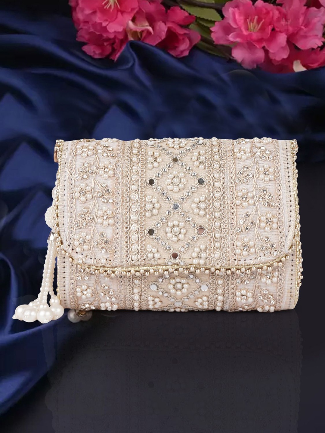 

PLANX Embroidered Embellished Potli Clutch, Beige