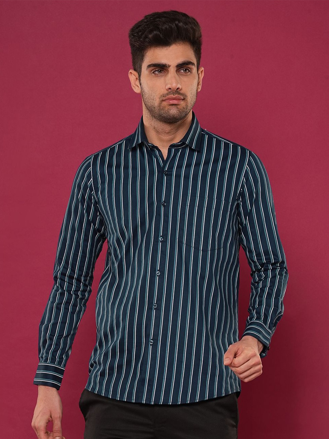 

John Philips Men Slim Fit Opaque Striped Casual Shirt, Blue