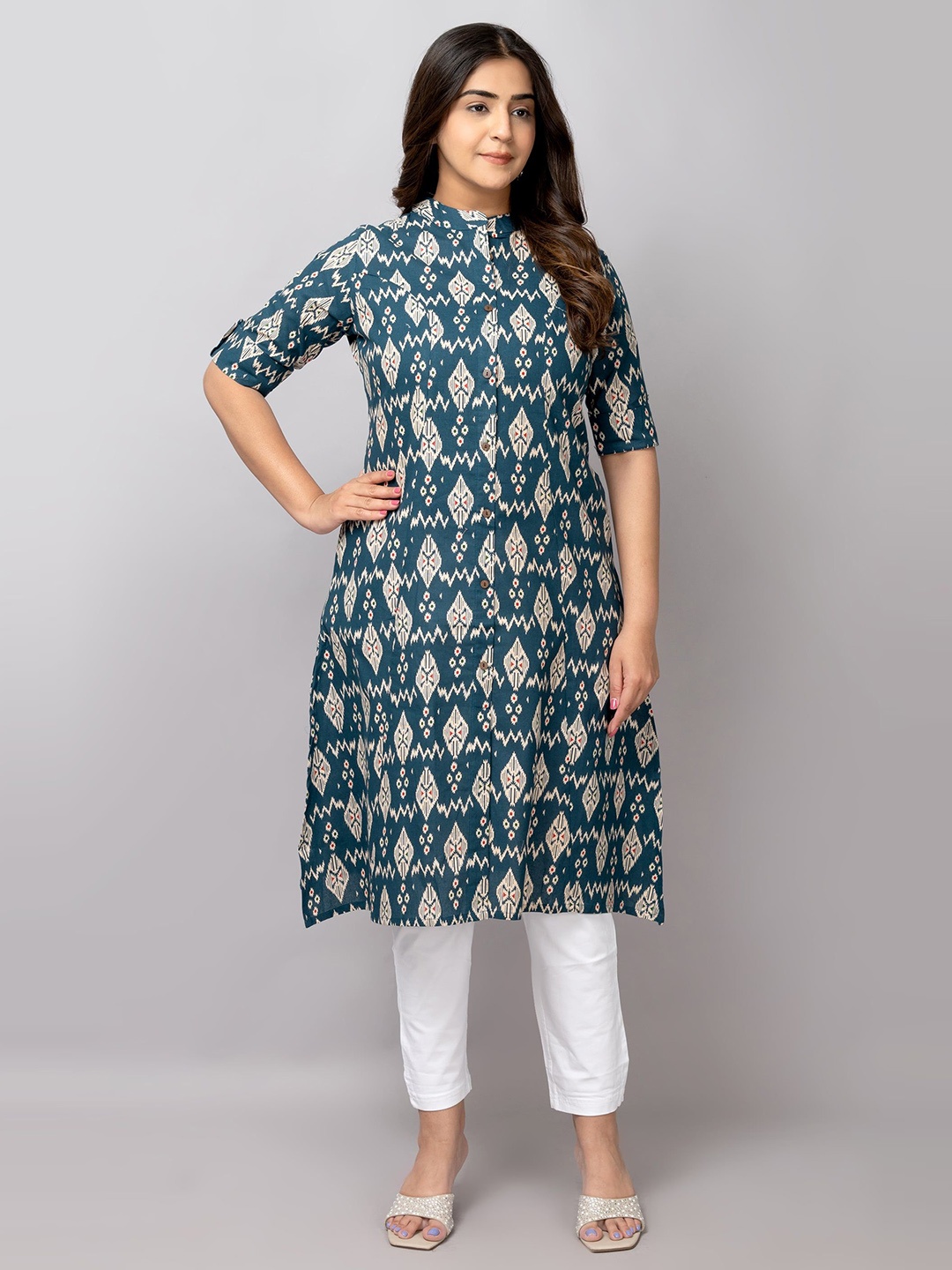 

TRIVEDI Printed Pure Cotton A-Line Kurta, Blue