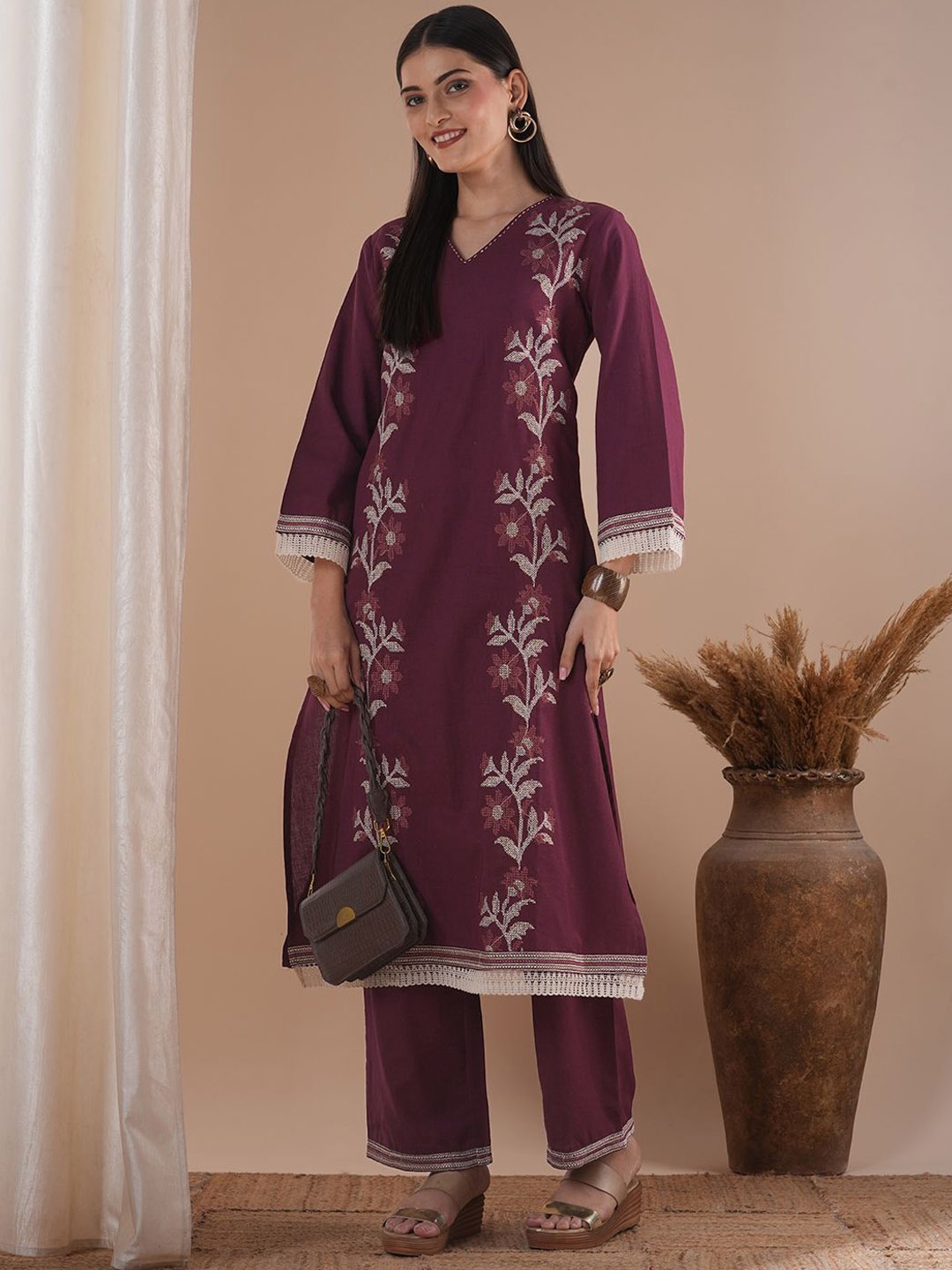 

FASHOR Women Floral Embroidered Regular Thread Work Pure Cotton Kurta with Palazzos, Maroon