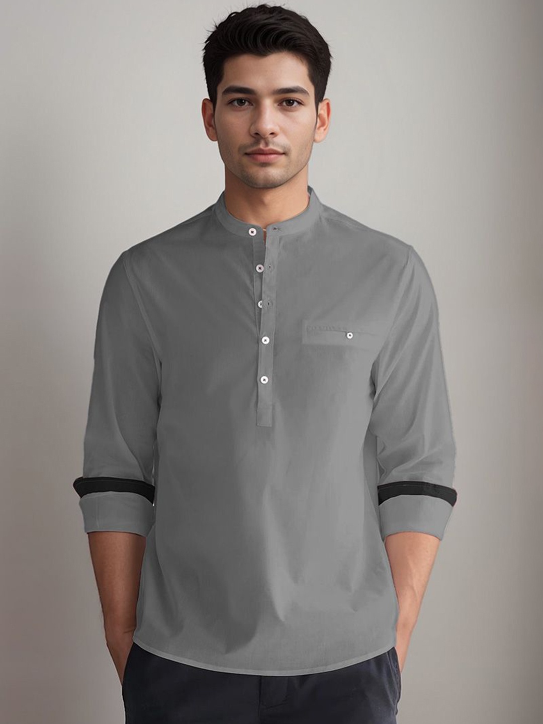 

APEKTRA Band Collar Under Pocket Slim Fit Cotton Straight Kurta, Grey