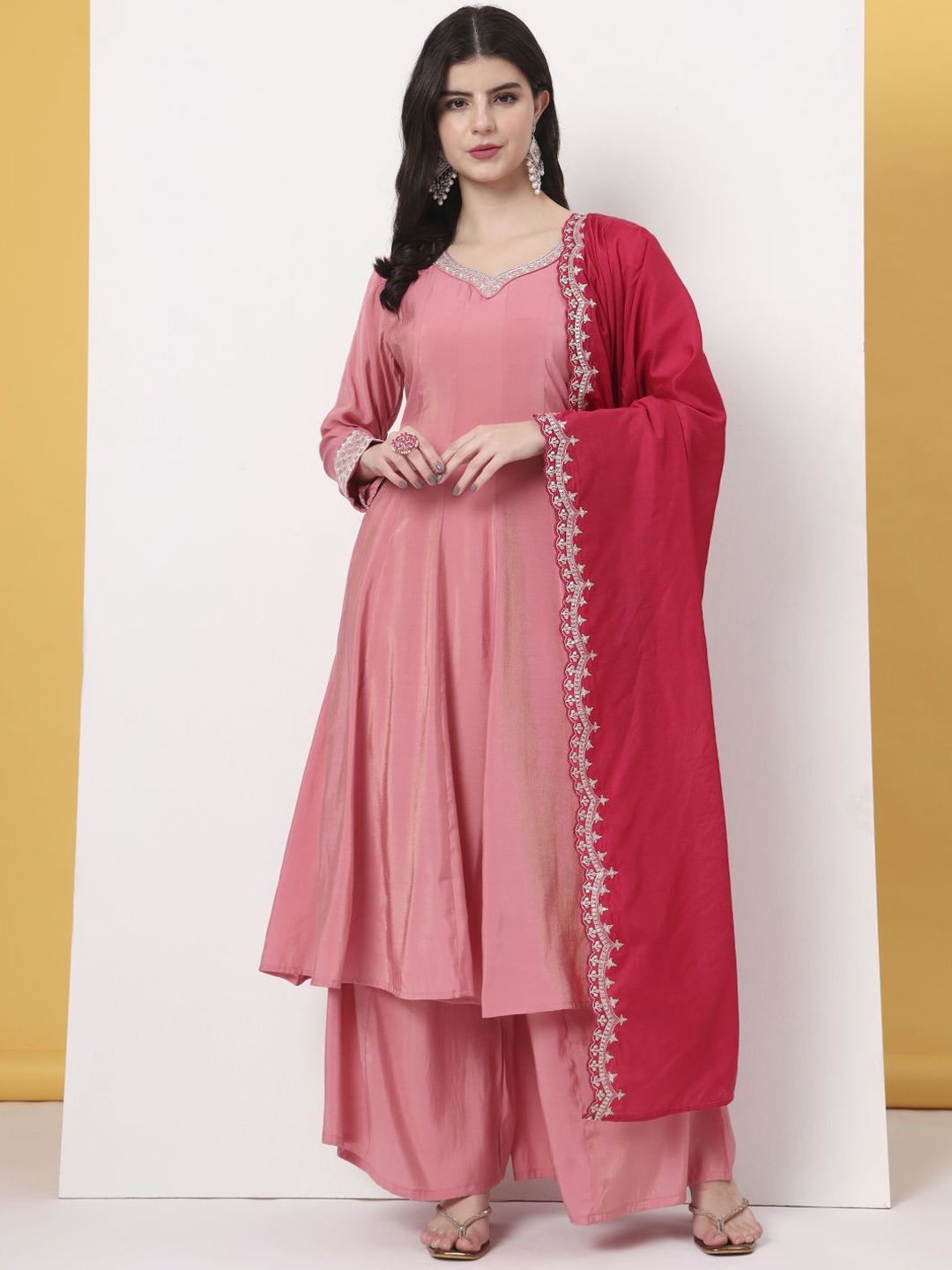 

Yufta Women Embroidered Regular Thread Work Kurta with Palazzos & With Dupatta, Pink