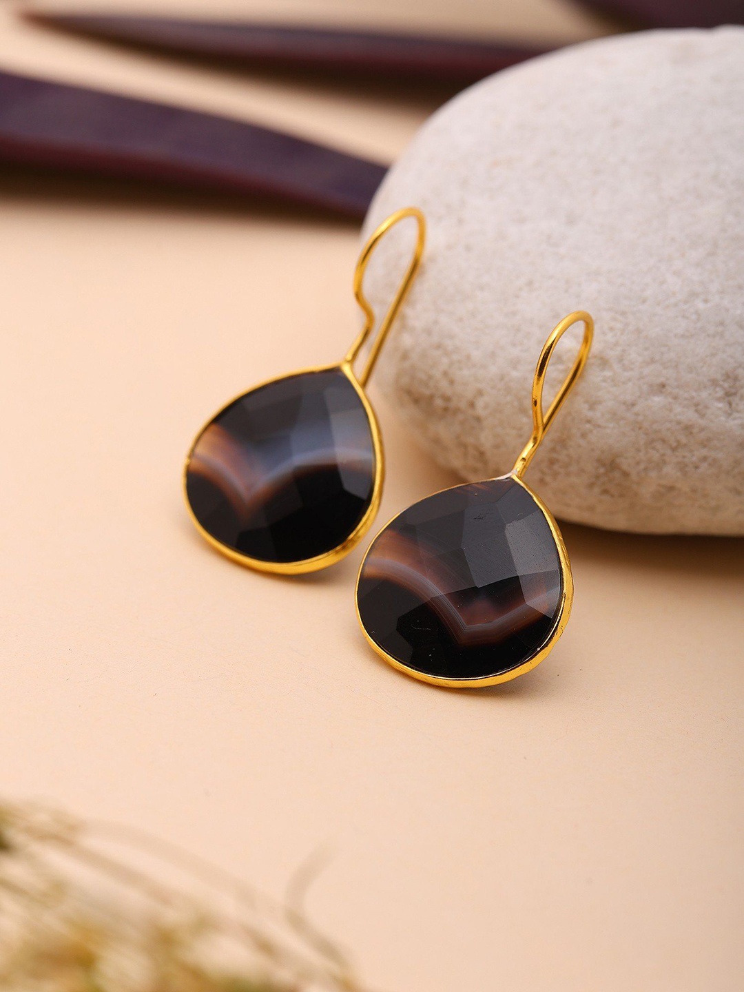 

Exotic India Sterling Silver Gold-Plated Agate Studded Teardrop Shaped Drop Earrings