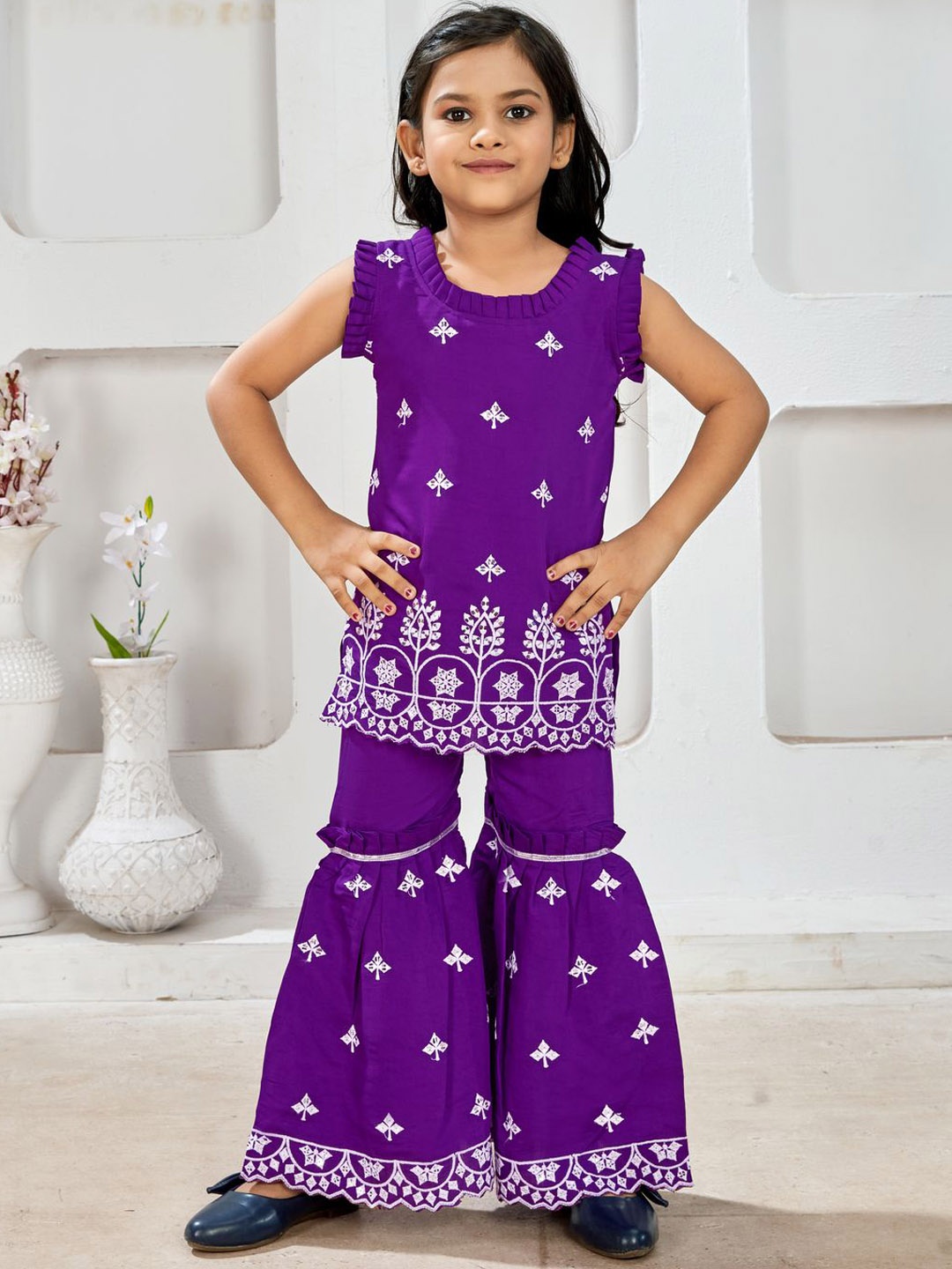 

JOVK DESIGN Girls Floral Embroidered Regular Kurti with Sharara, Purple