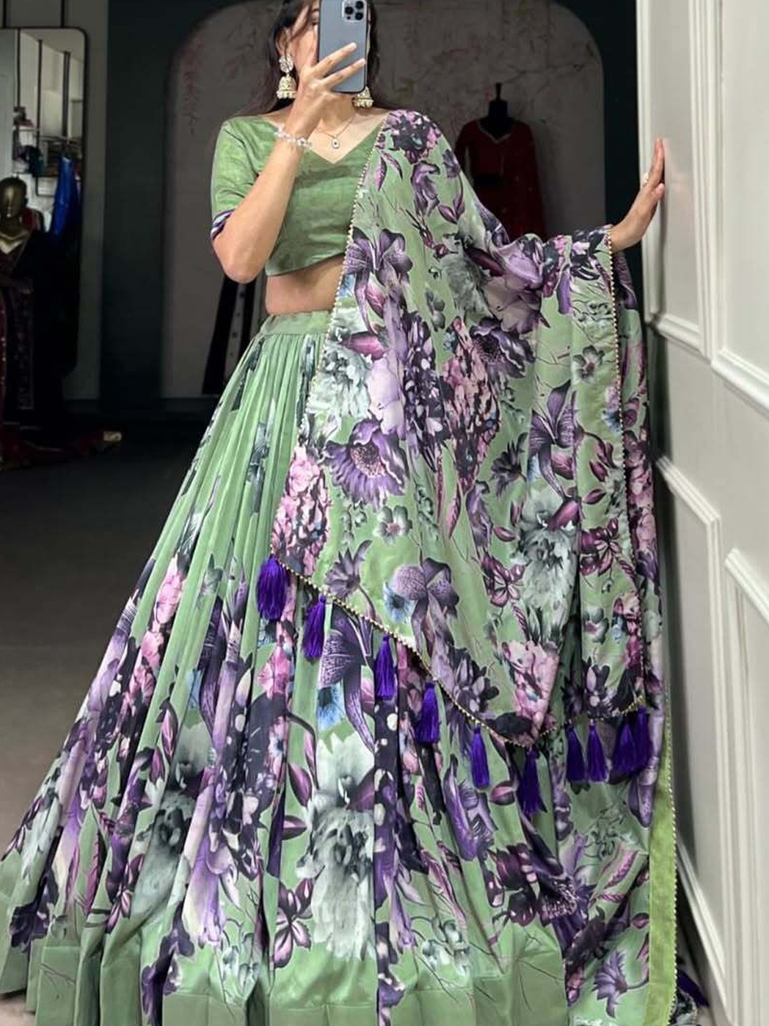 

RADHVI BIZ Floral Printed Ready to Wear Lehenga & Semi-Stitched Blouse With Dupatta, Green