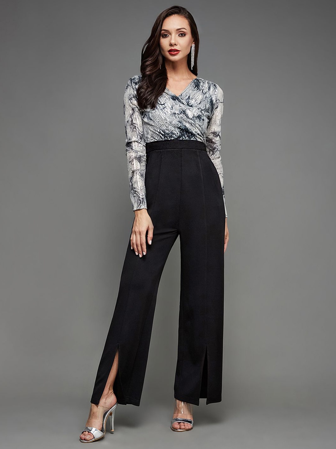 

Miss Chase Women Printed V-Neck Basic Jumpsuit, Black