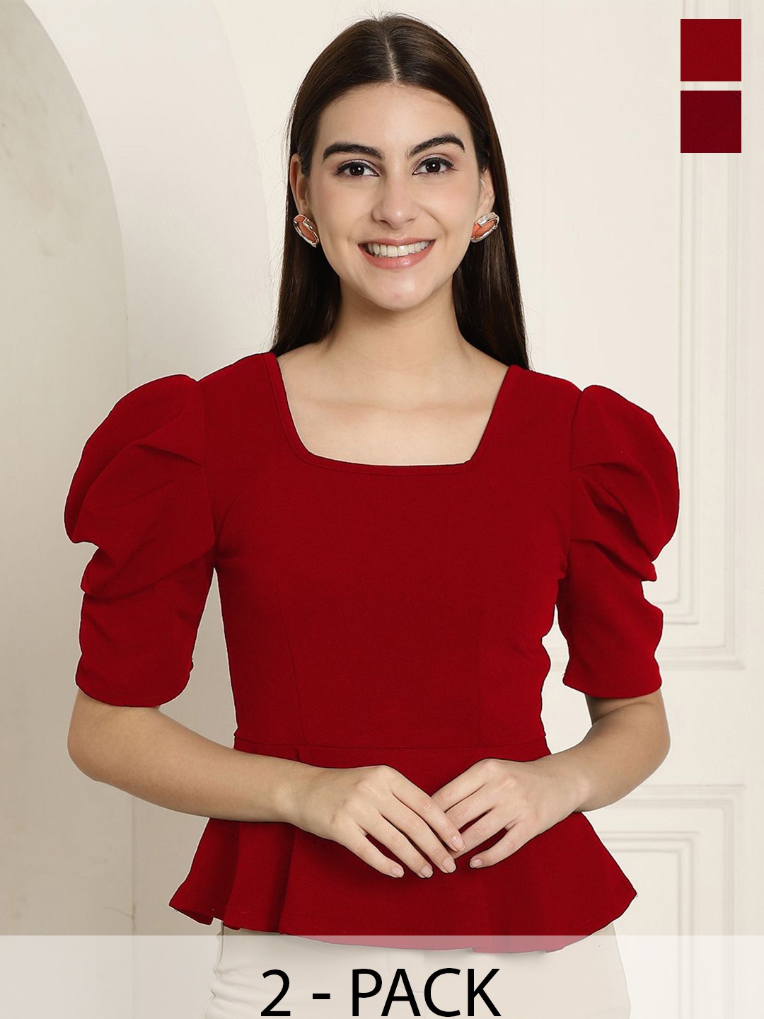 

Tromko Solid Regular Pack Of 2 Puff Sleeve Top, Red