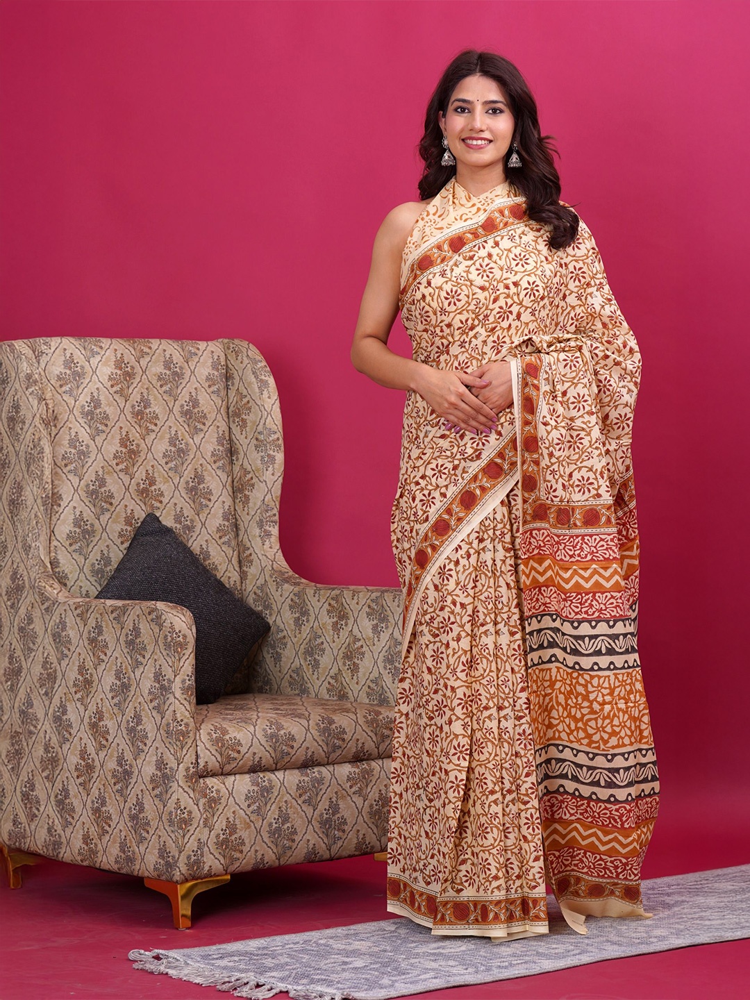 

Shivanya Handicrafts Floral Pure Cotton Block Print Saree, Brown