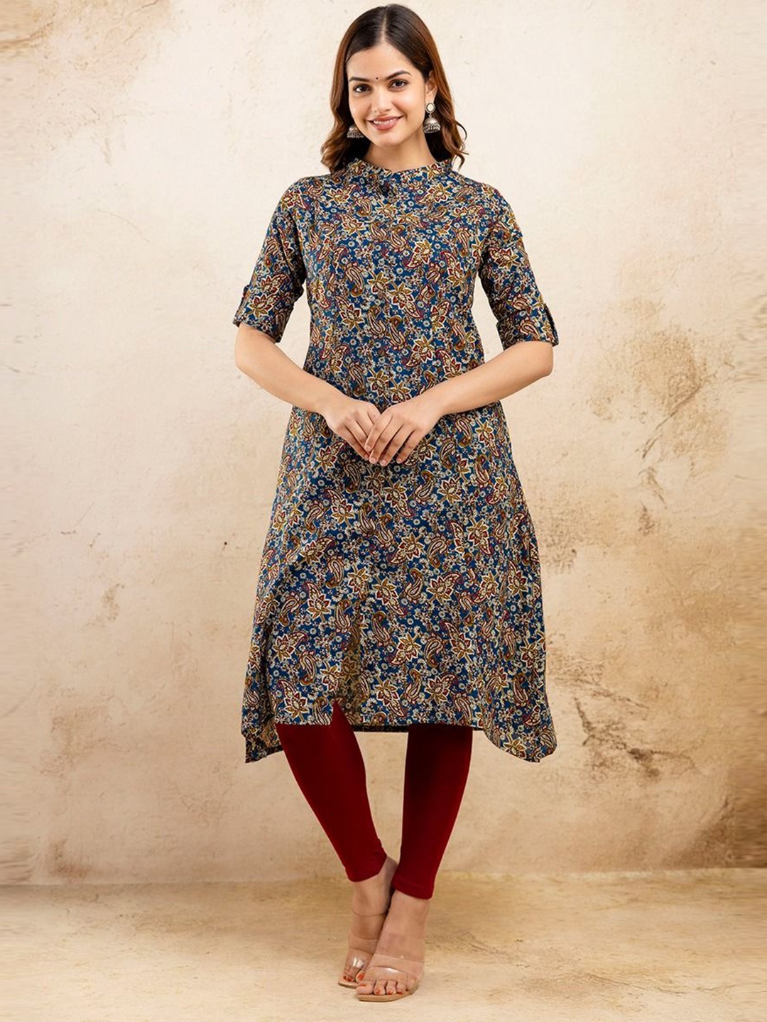 

TRIVEDI Floral Printed Pure Cotton Mandarin Collar Ethnic A-Line Kurta, Blue
