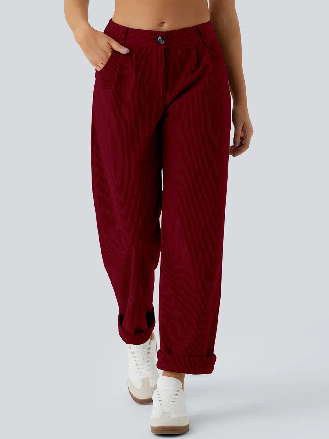 

RAJOVATI Women Relaxed Fit Mid Rise Pleated Regular Trousers, Maroon