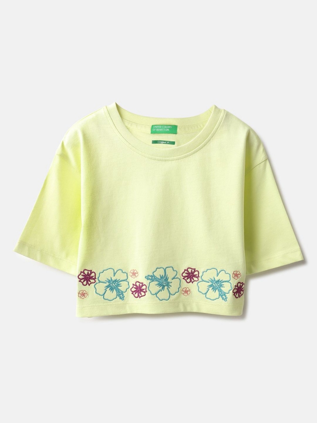 

United Colors of Benetton Girls Floral Pure Cotton T-shirt, Green