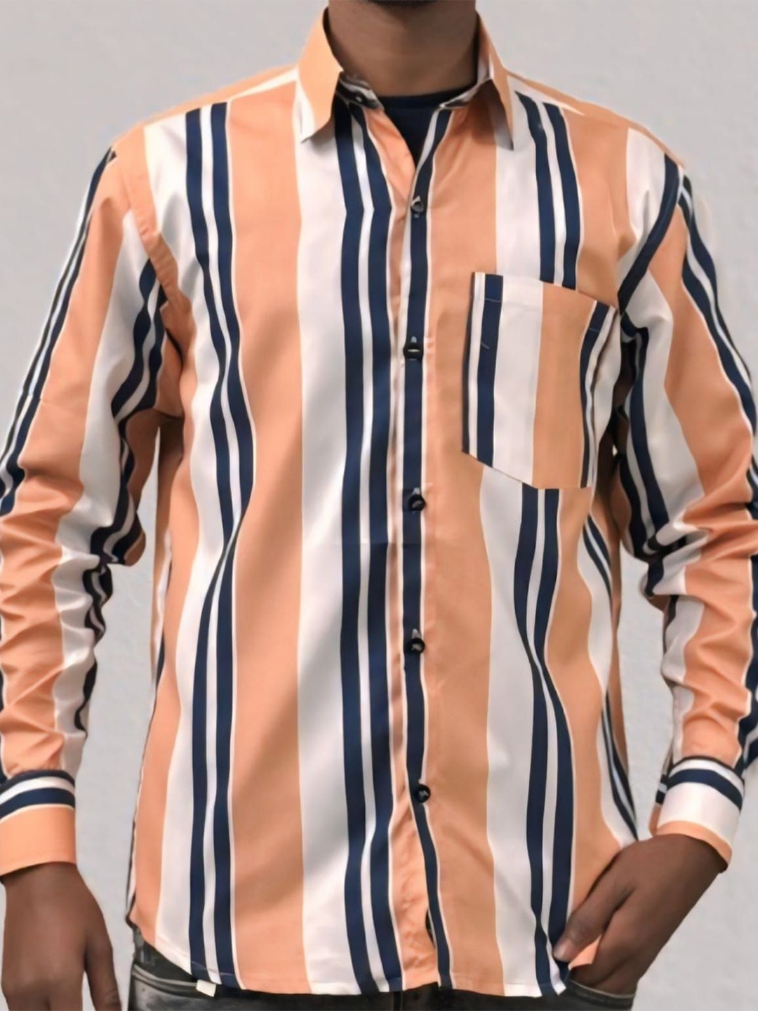 

Raavi Men Comfort Opaque Striped Casual Shirt, Orange
