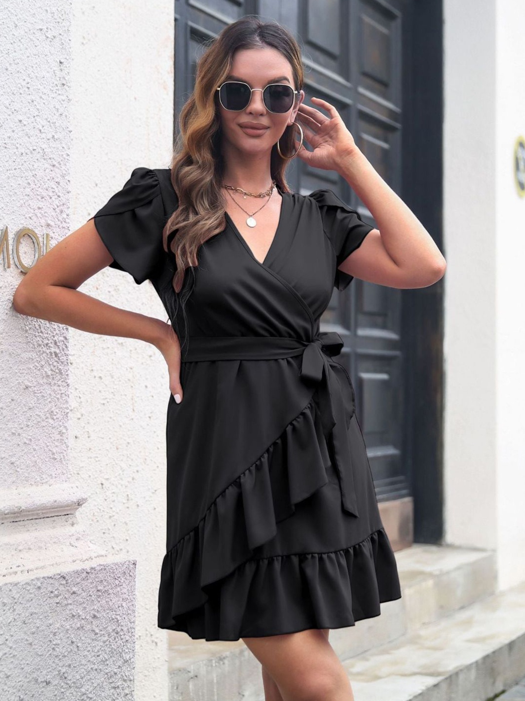 

Oh Rare Women V-Neck Wrap Mini Dress, Black