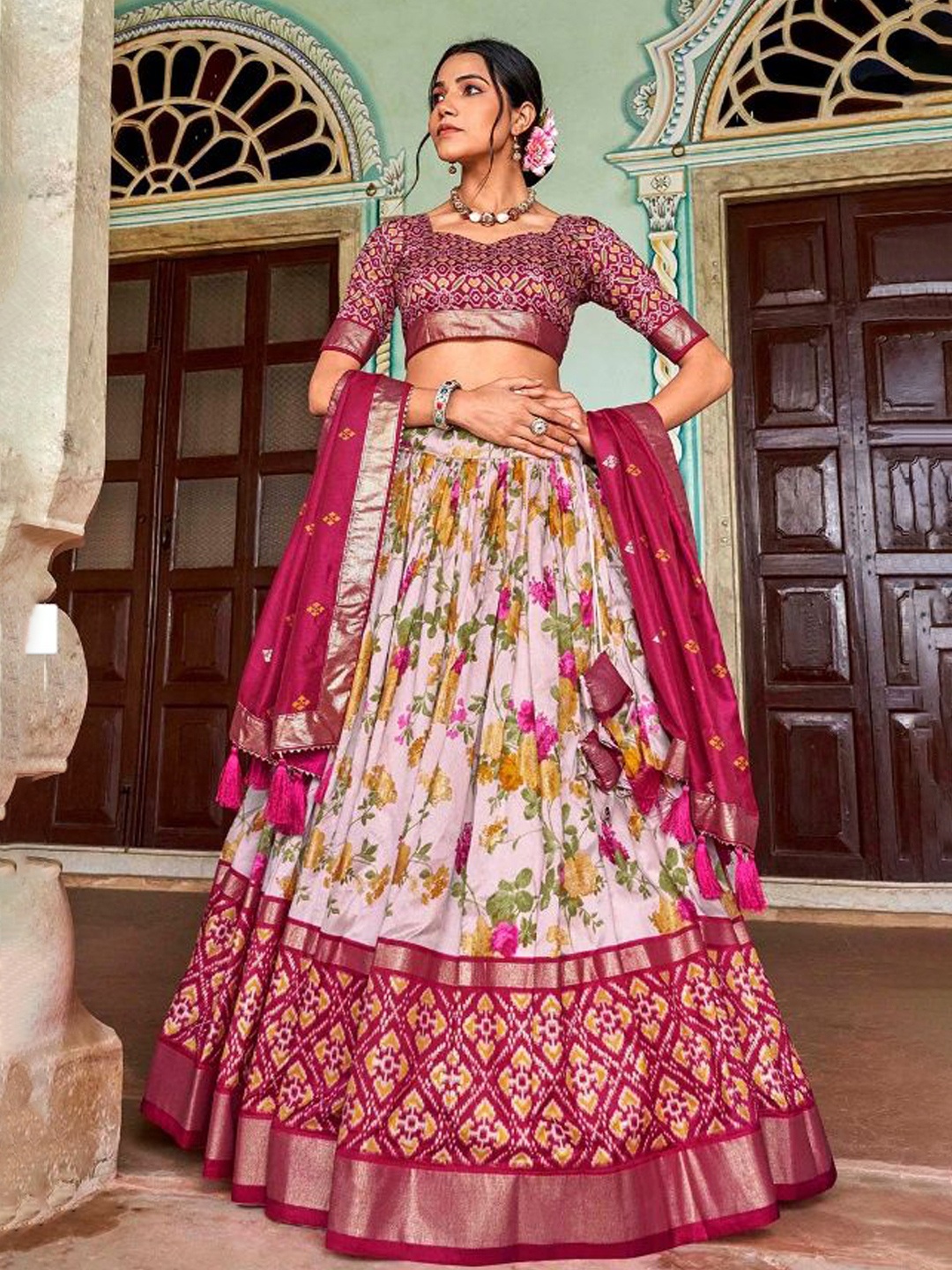 

RADHVI BIZ Printed Ready to Wear Lehenga & Semi-Stitched Blouse With Dupatta, Pink