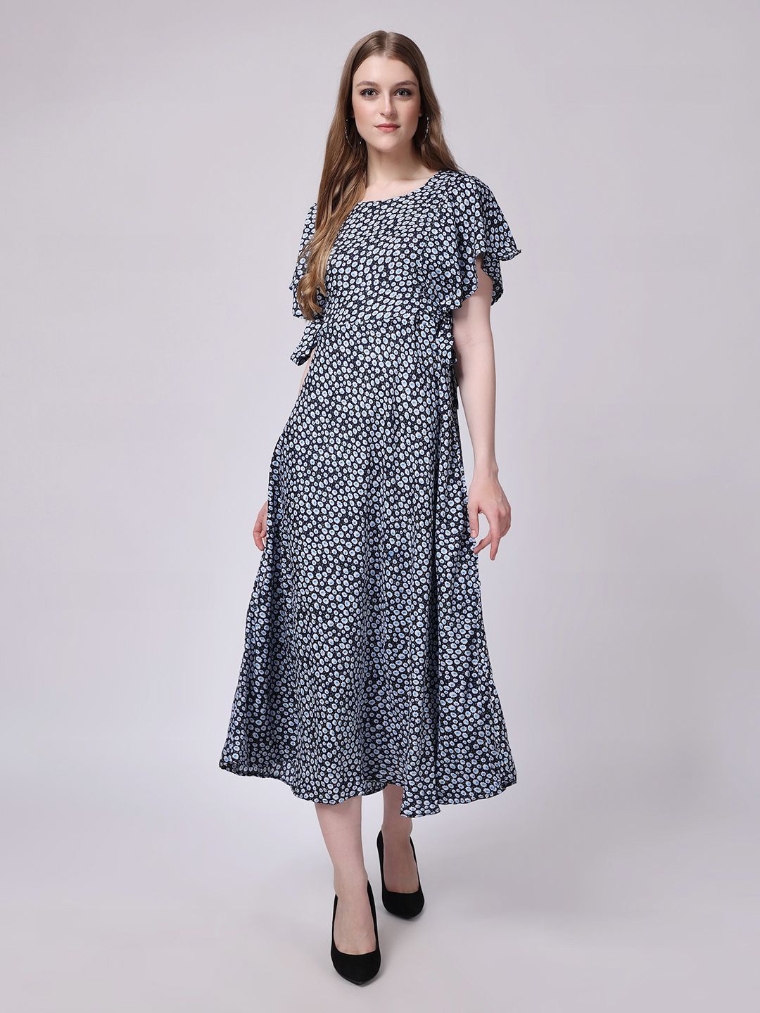 

ZARISTAA Floral Printed Fit & Flare Midi Dress, Navy blue